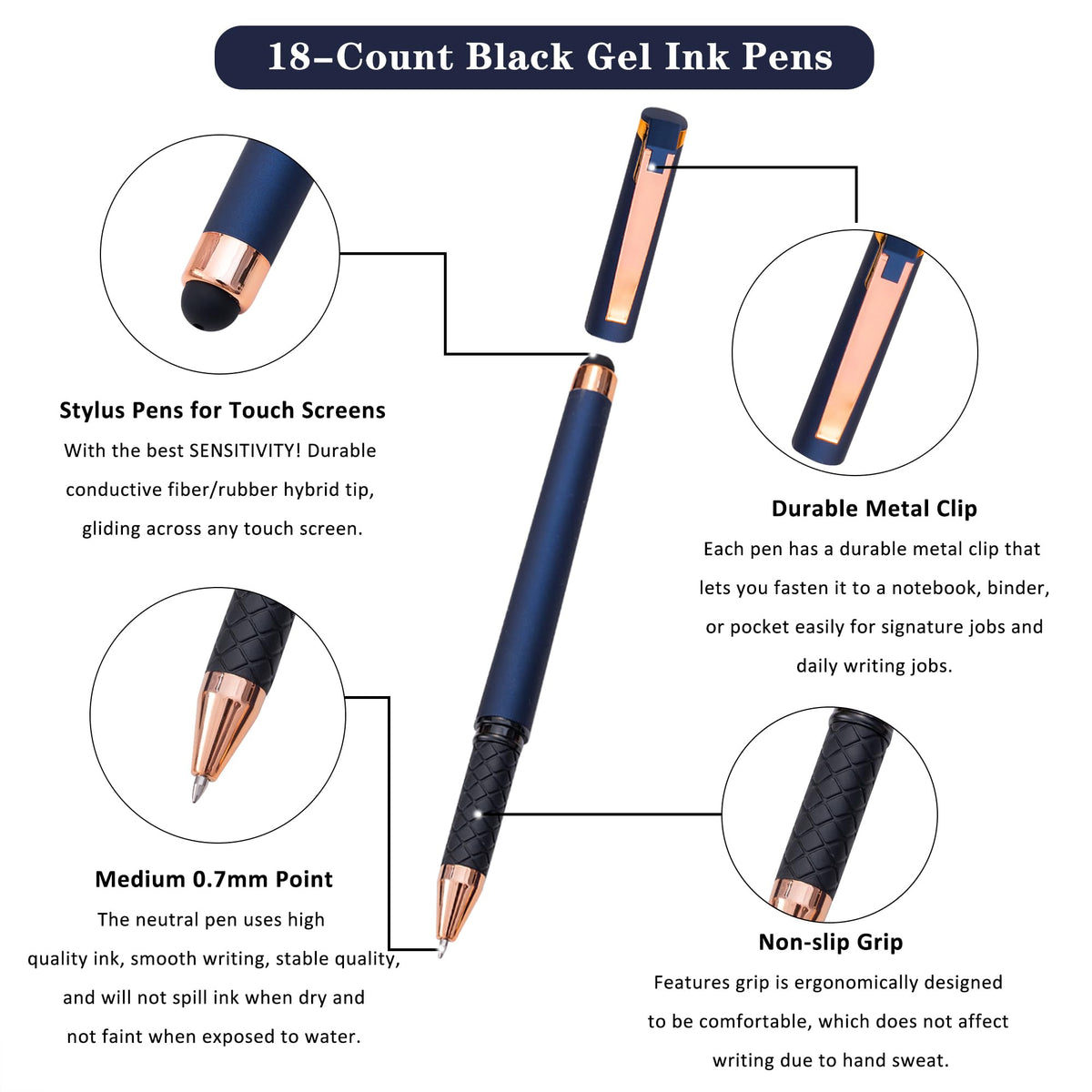 Linbsunne Black Gel Pens 0.7mm Medium Point Pen 2-in-1 Stylus