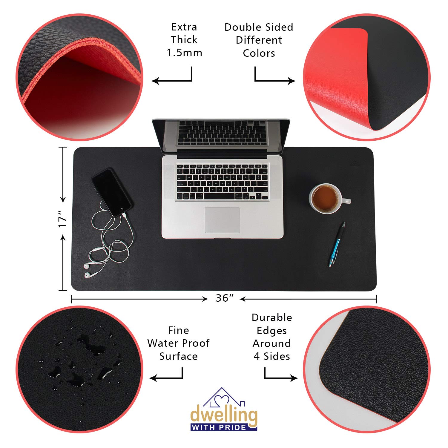 Leather Desk Mat - Reversible PU Leather, Waterproof, Non-Slip