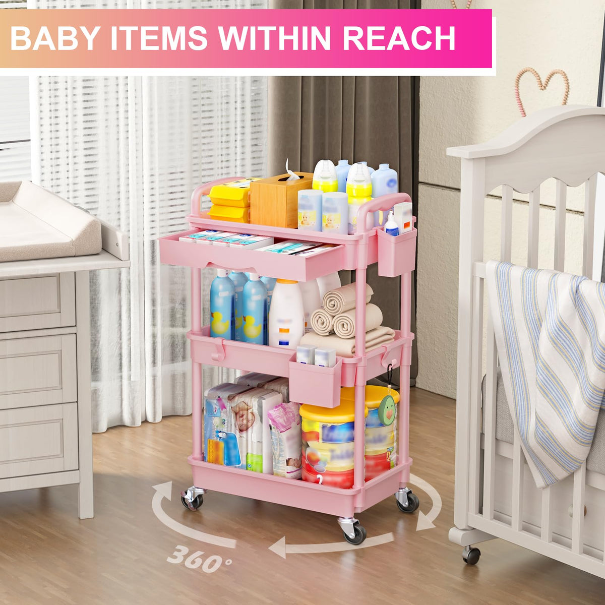 Goovilla 3 Tier Rolling Utility Cart Organizer with Removable Drawer, Pink