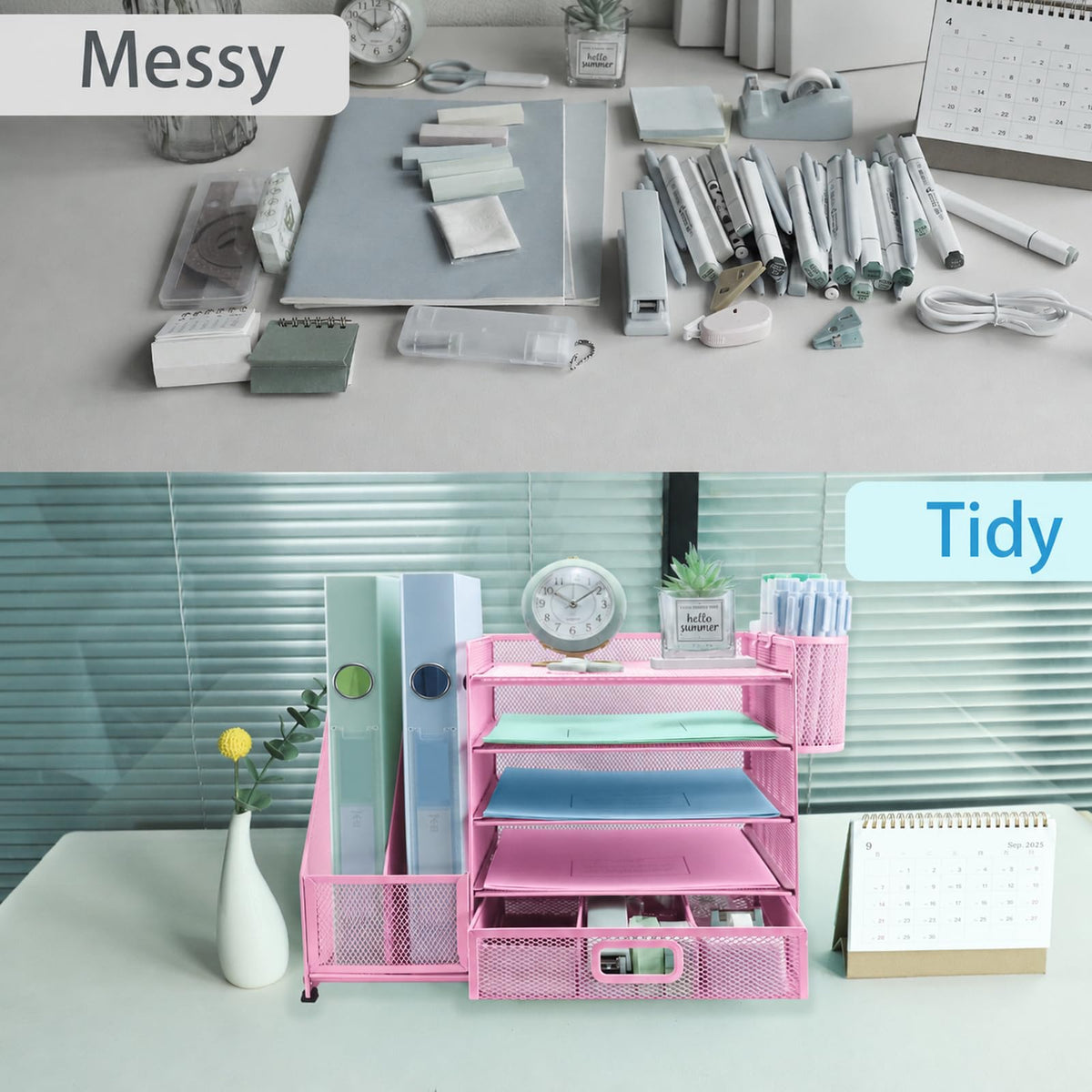 TSDRBWO Desk Organiser File Holder with 2 Pen Holder, 5 Tier Paper Letter Tray Organiser with