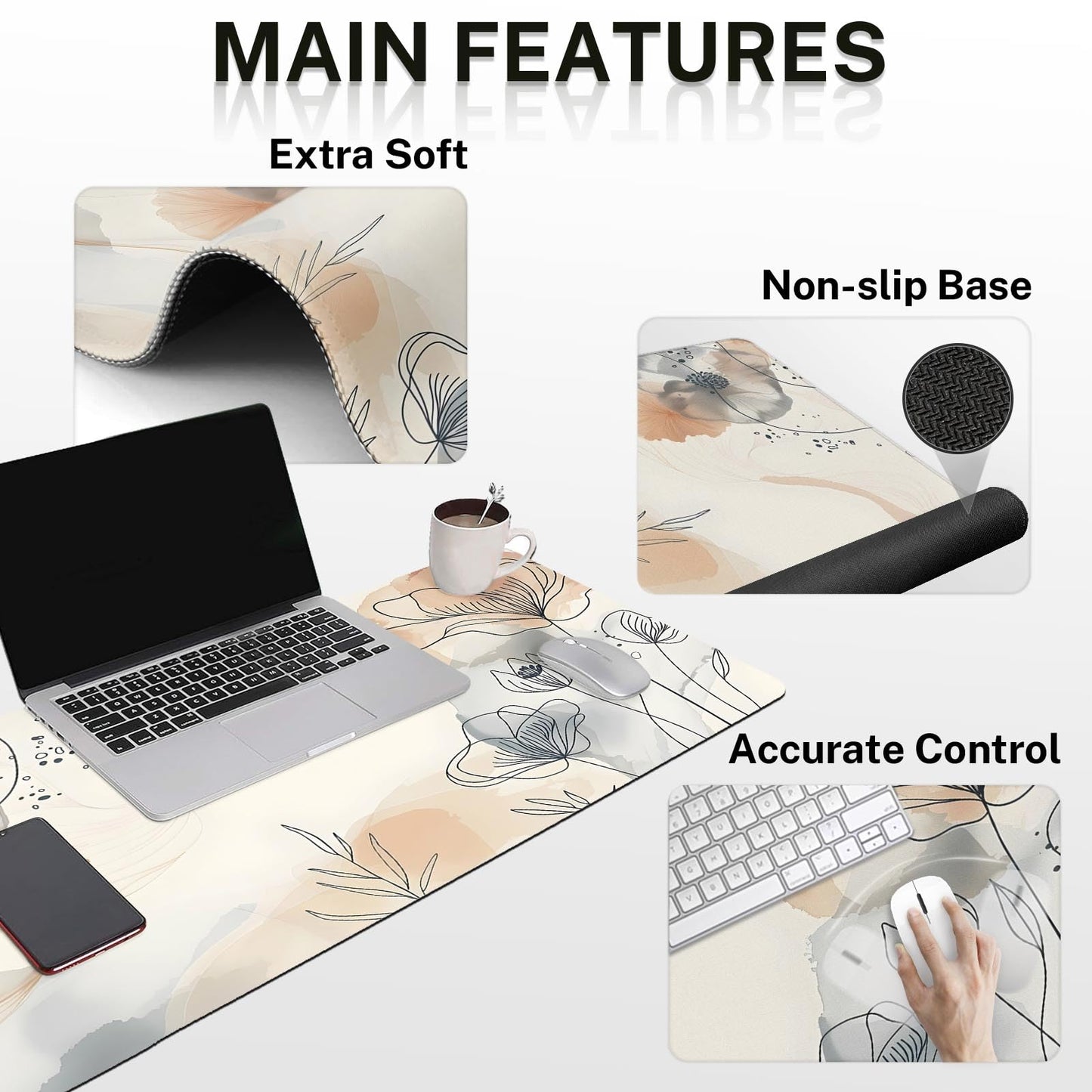 Arttown Keyboard Mouse Pad Set, 4 in 1 Desk Mat Set Botanical Watercolor