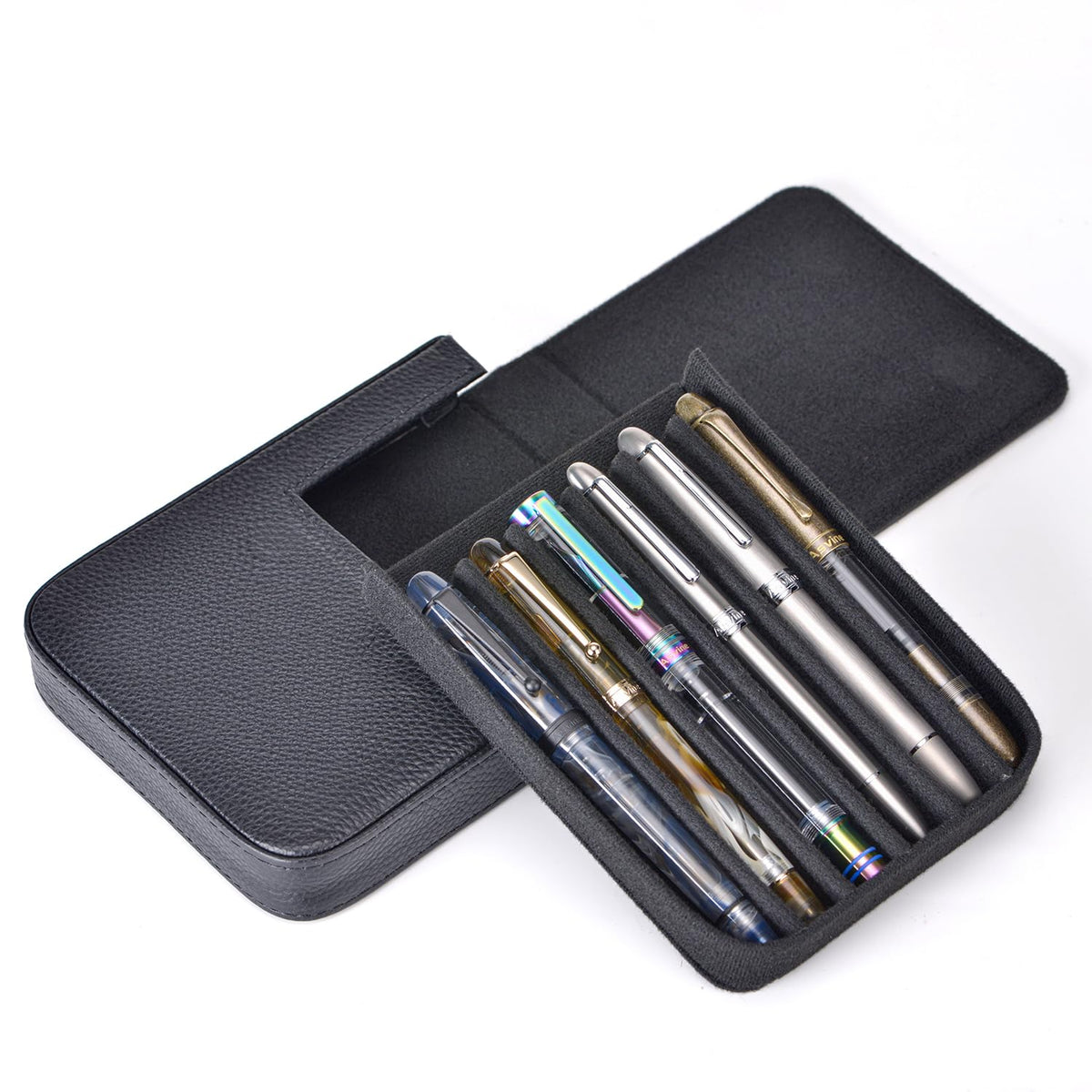 Lanxivi Genuine Leather Fountain Pen Case 6 Slot Black Leather Organizer, Portable Pen Bag Pouch