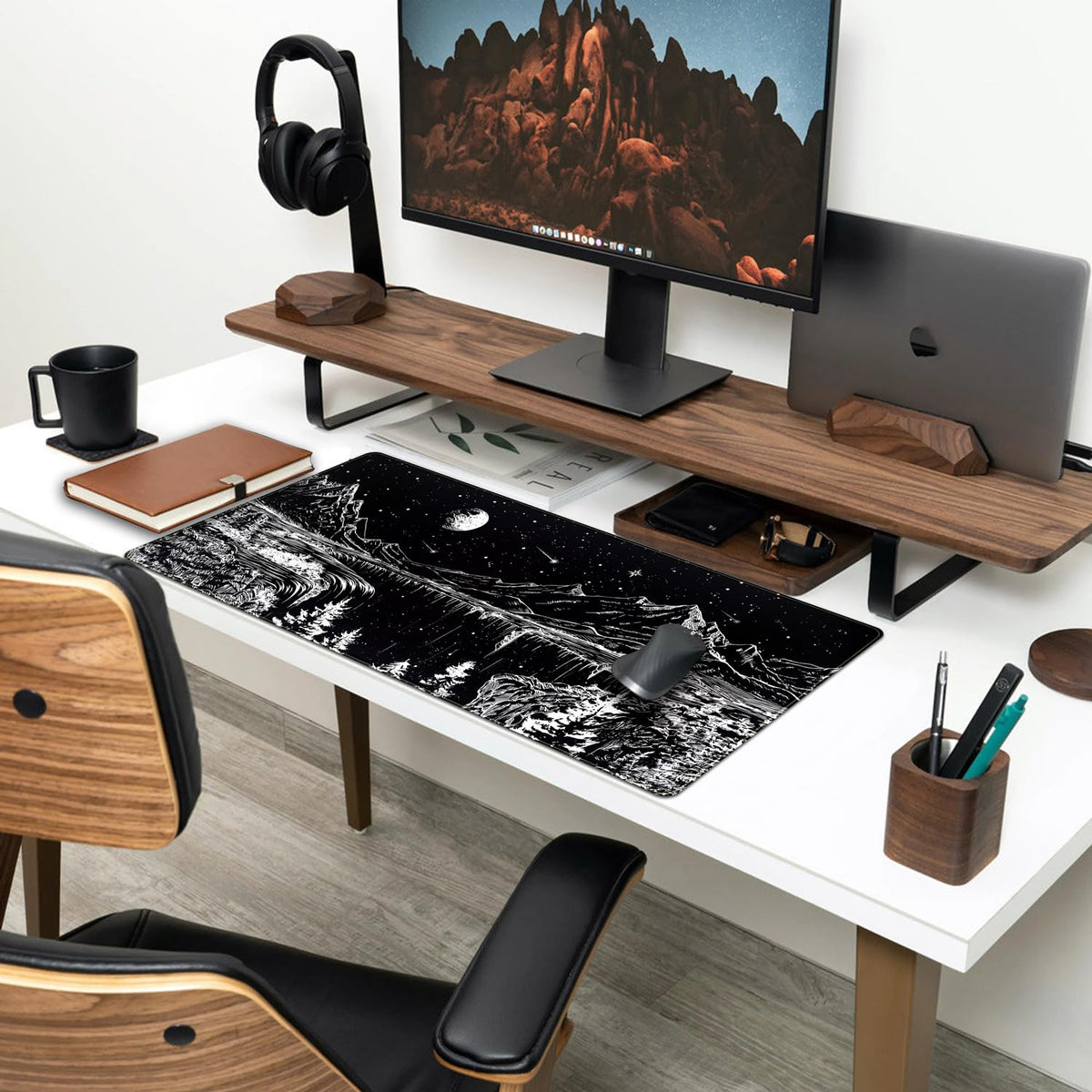 Black and White Desk Mat Dark Nature Forest Mouse pad XXL Starry Night Mountain Desk pad Aesthetic