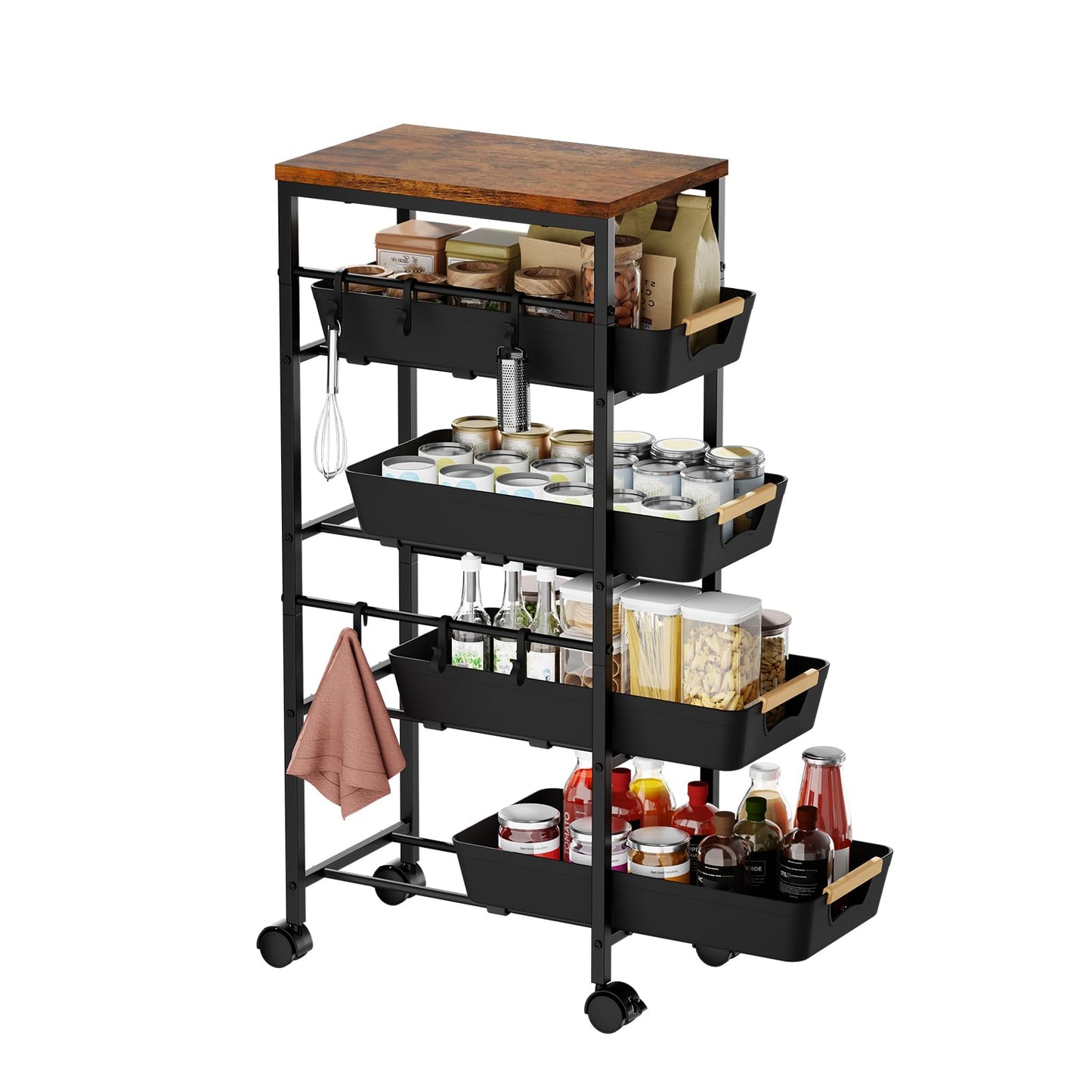 Landmok 5-Tier Slim Storage Cart, Wooden Top Rolling Kitchen Cart with Pull-Out Baskets & Wheels