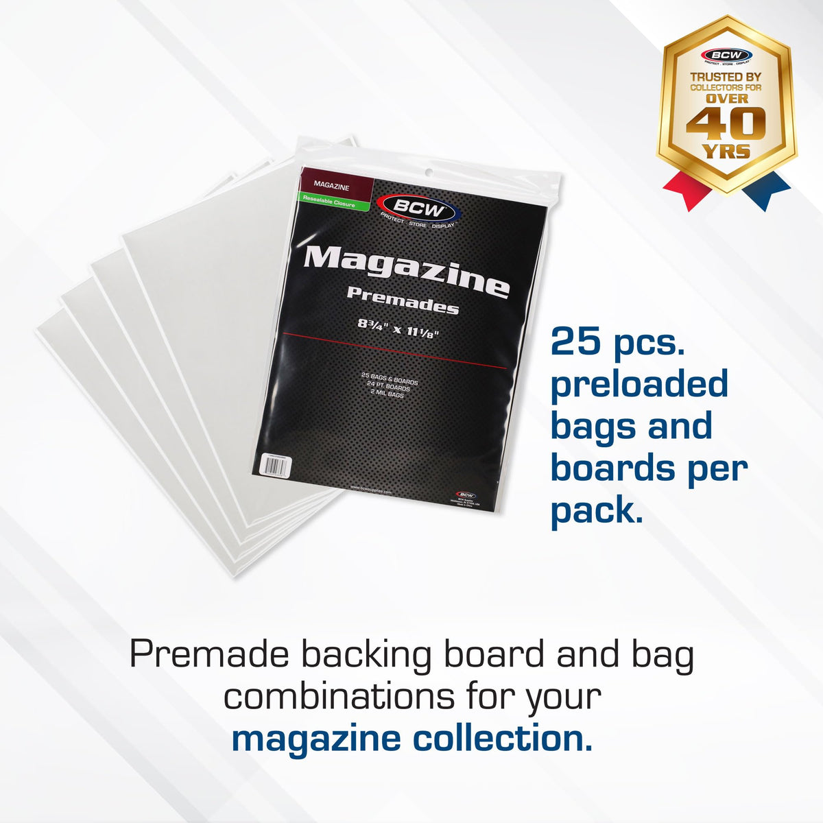 BCW Premade Resealable Magazine Bags and Boards, 8 3/4 x 11 1/8, 25 Sets