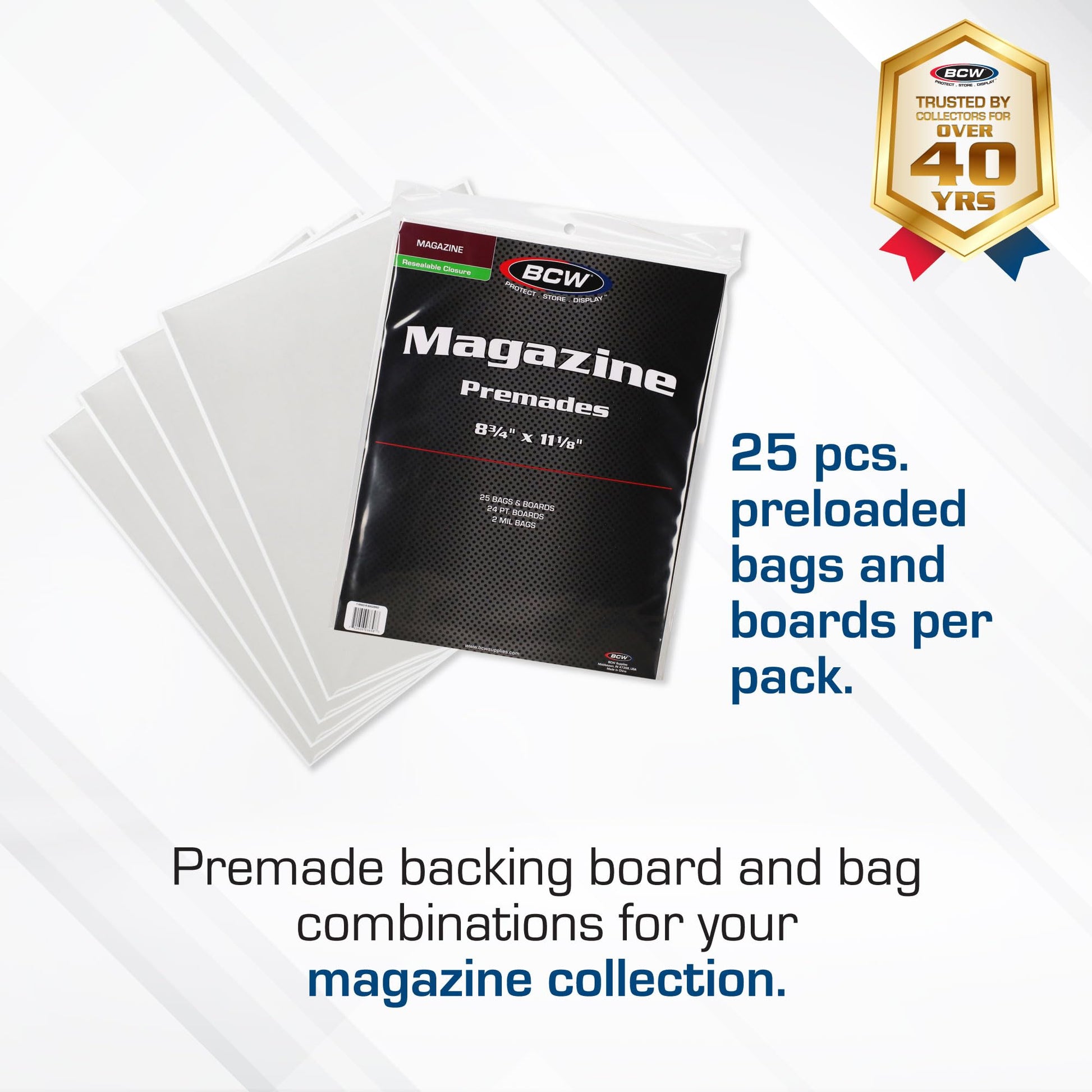 BCW Premade Resealable Magazine Bags and Boards, 8 3/4 x 11 1/8, 25 Sets