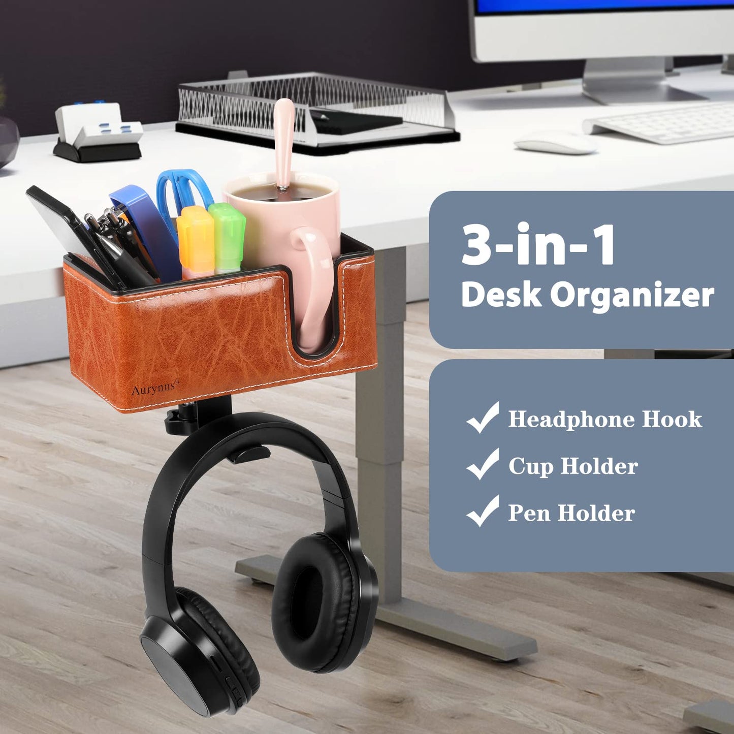 Under Desk Cup Holder Clamp on Cup Holder PU Leather Clip on Desk Organizer