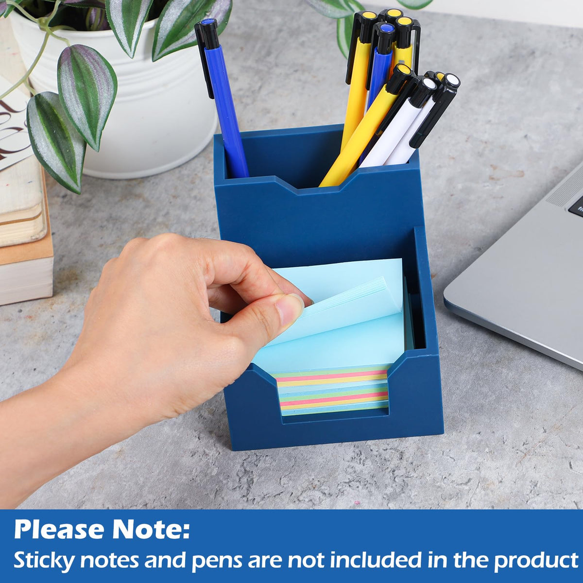 Blue Sticky Note Holder, Silicone Memo Holder with Pen or Card Slots, Sticky Note Dispenser, Fits