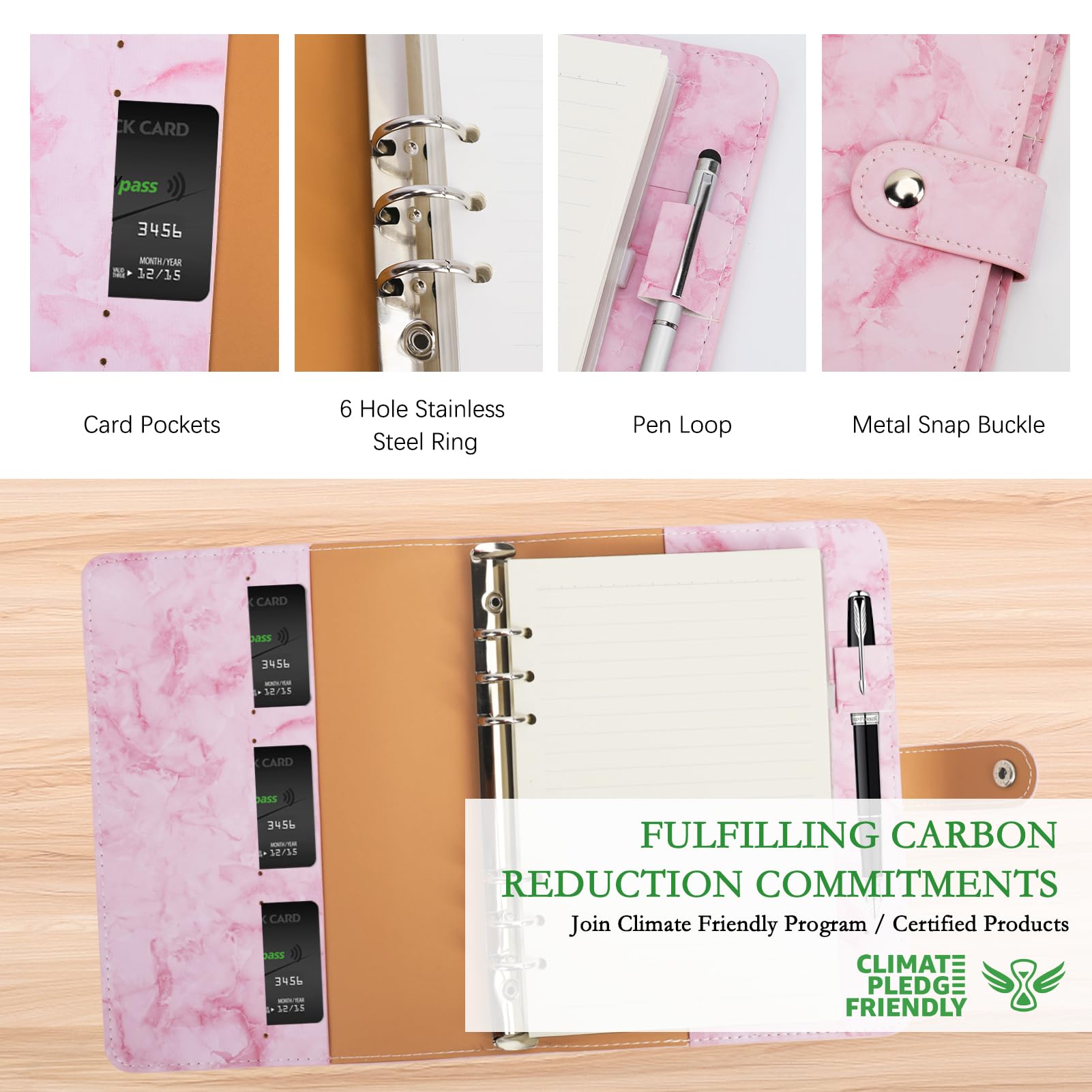 FYY A5 Binder Refillable Planner Notebook 6 Ring, Marble Pink