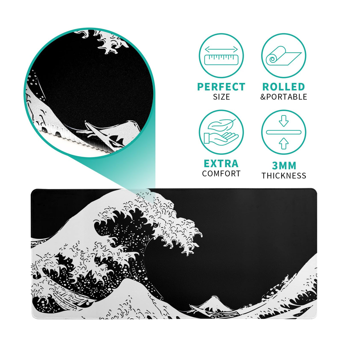 Japanese Sea Wave Large Mouse Pad, Abstract Black Gaming Mousepad, Extended Kanagawa Mat Desk Pad