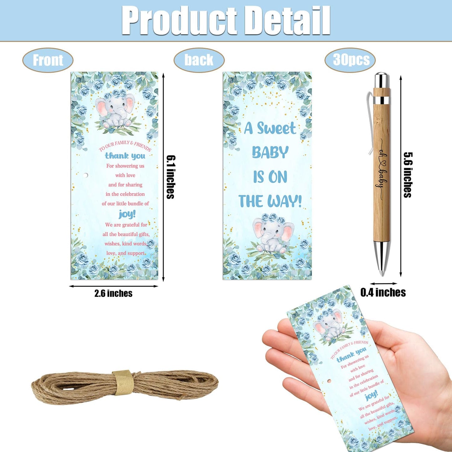 Baby Shower Favors for 30 Guests, Bamboo Pens Greeting Cards, Blue Elephant