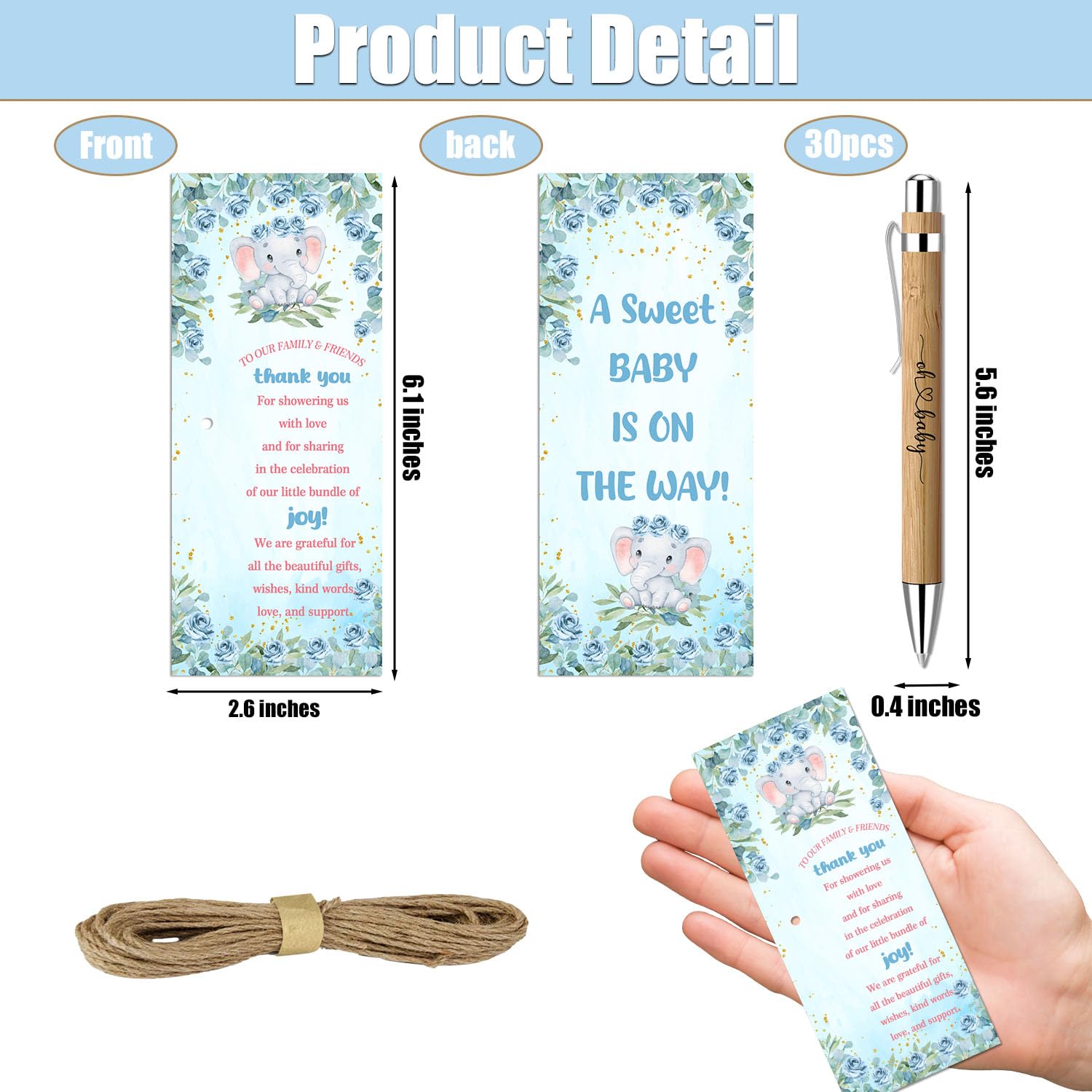 Baby Shower Favors for 30 Guests, Bamboo Pens Greeting Cards, Blue Elephant