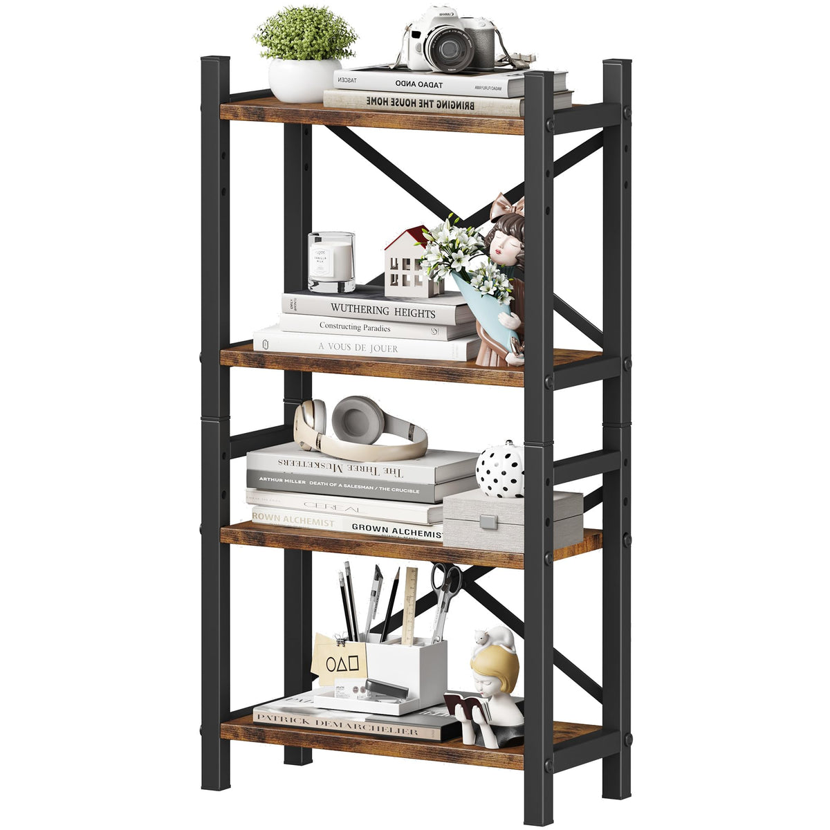 Desktop Bookshelf, 4-Tier Stackable Narrow Bookcase, Adjustable Industrial Desk Organizer & Hutch