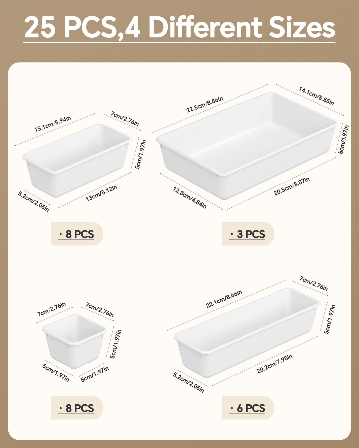 KEMETHY 25 PCS Plastic Drawer Organizers Set, 4 Sizes Vanity Organizer, Makeup and Desk Drawer