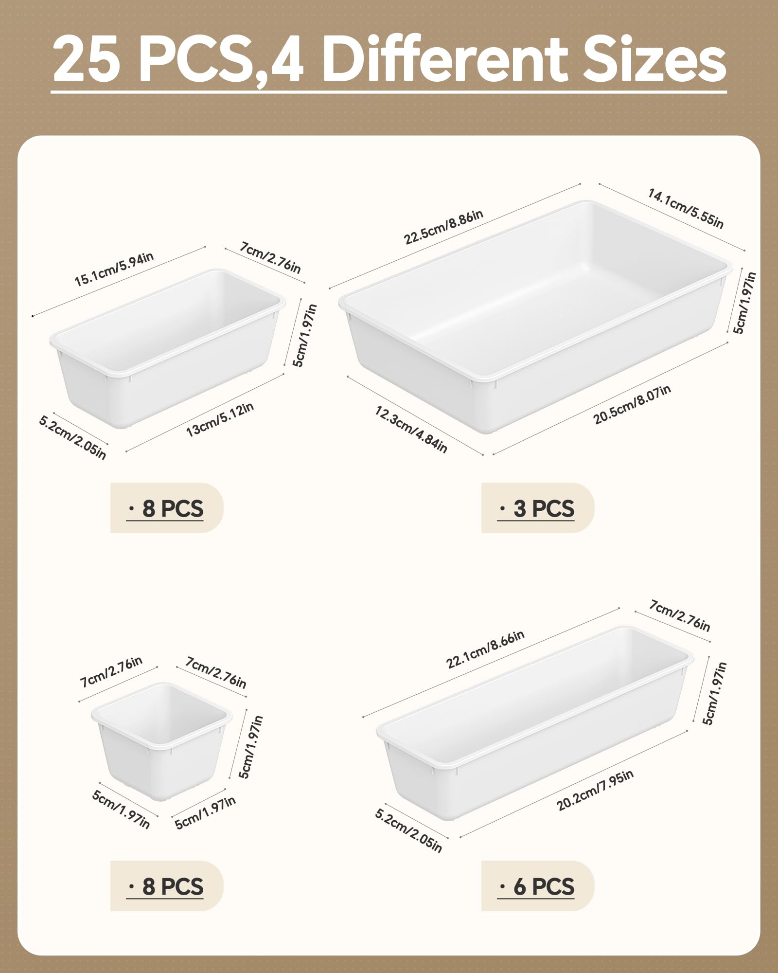 KEMETHY 25 PCS Plastic Drawer Organizers Set, 4 Sizes Vanity Organizer, Makeup and Desk Drawer
