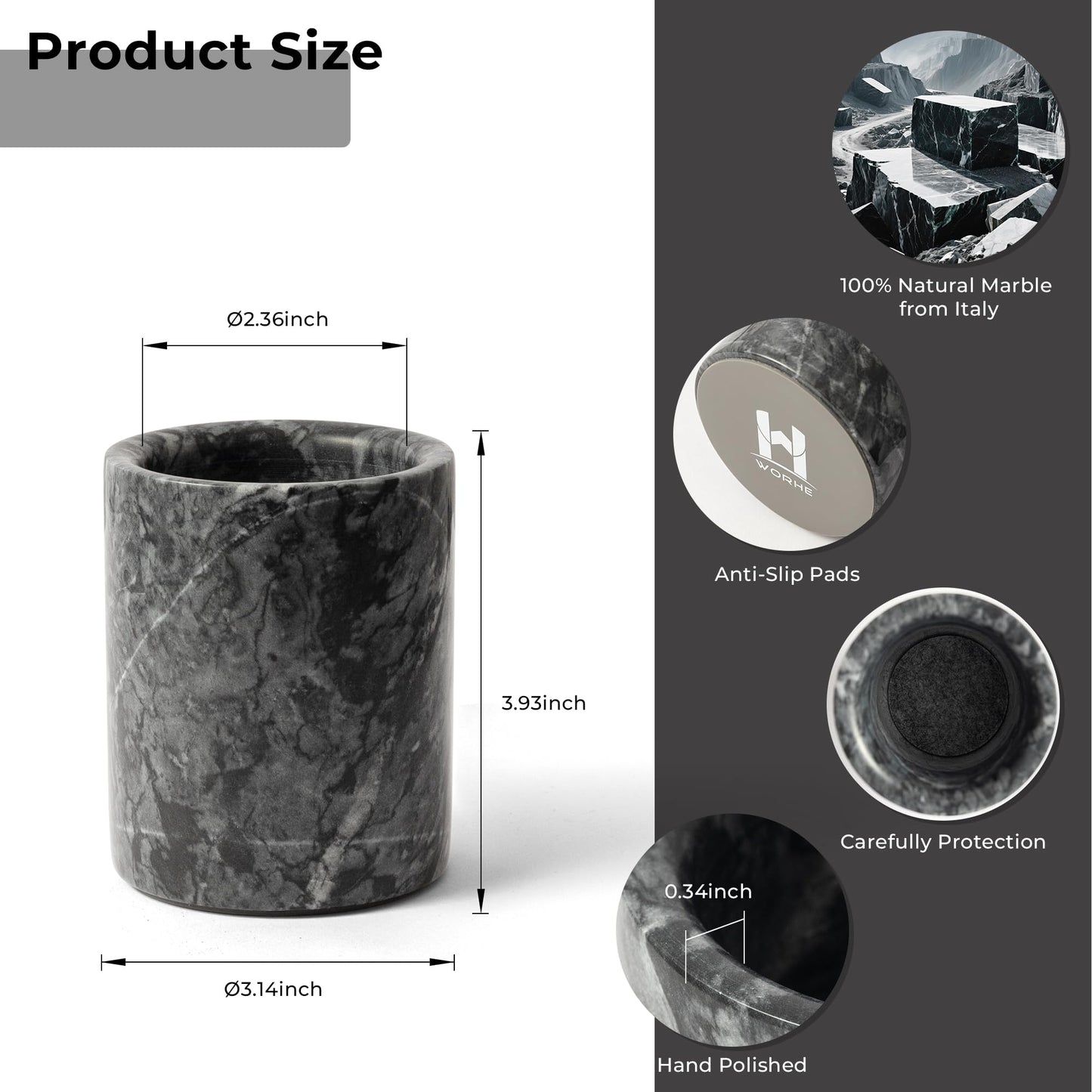 WORHE Pen Holder Stand Italy Natural Premium True Marble Makeup Brush Holders, Tableware Organizer