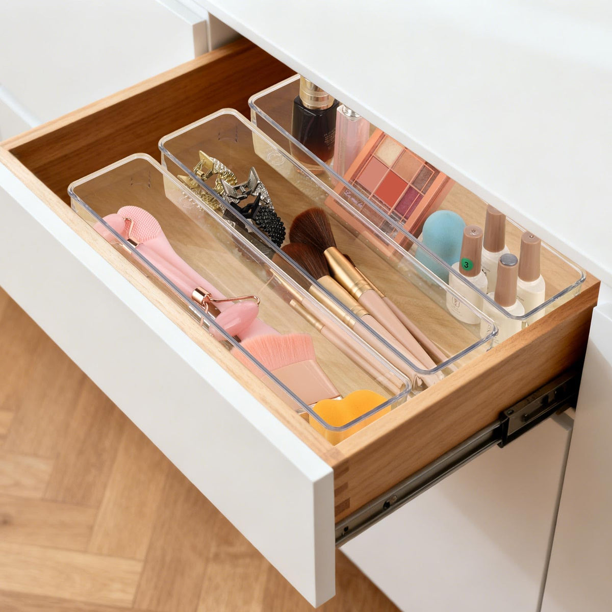 Ohlove 6 Pcs Large Clear Plastic Drawer Organizers Tray 12"x3" Storage Bins with 25 Pcs Non-Slip