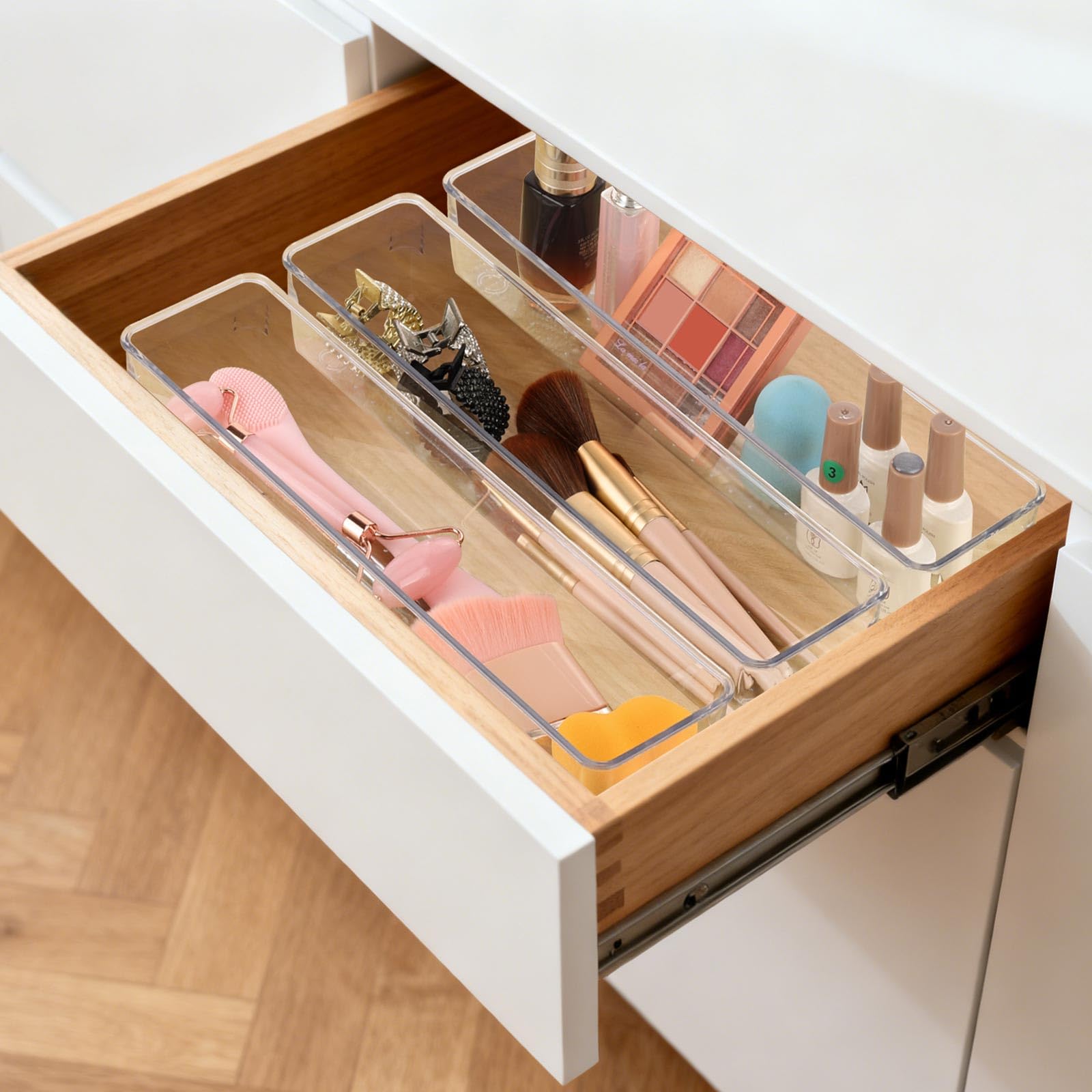 Ohlove 6 Pcs Large Clear Plastic Drawer Organizers Tray 12"x3" Storage Bins with 25 Pcs Non-Slip