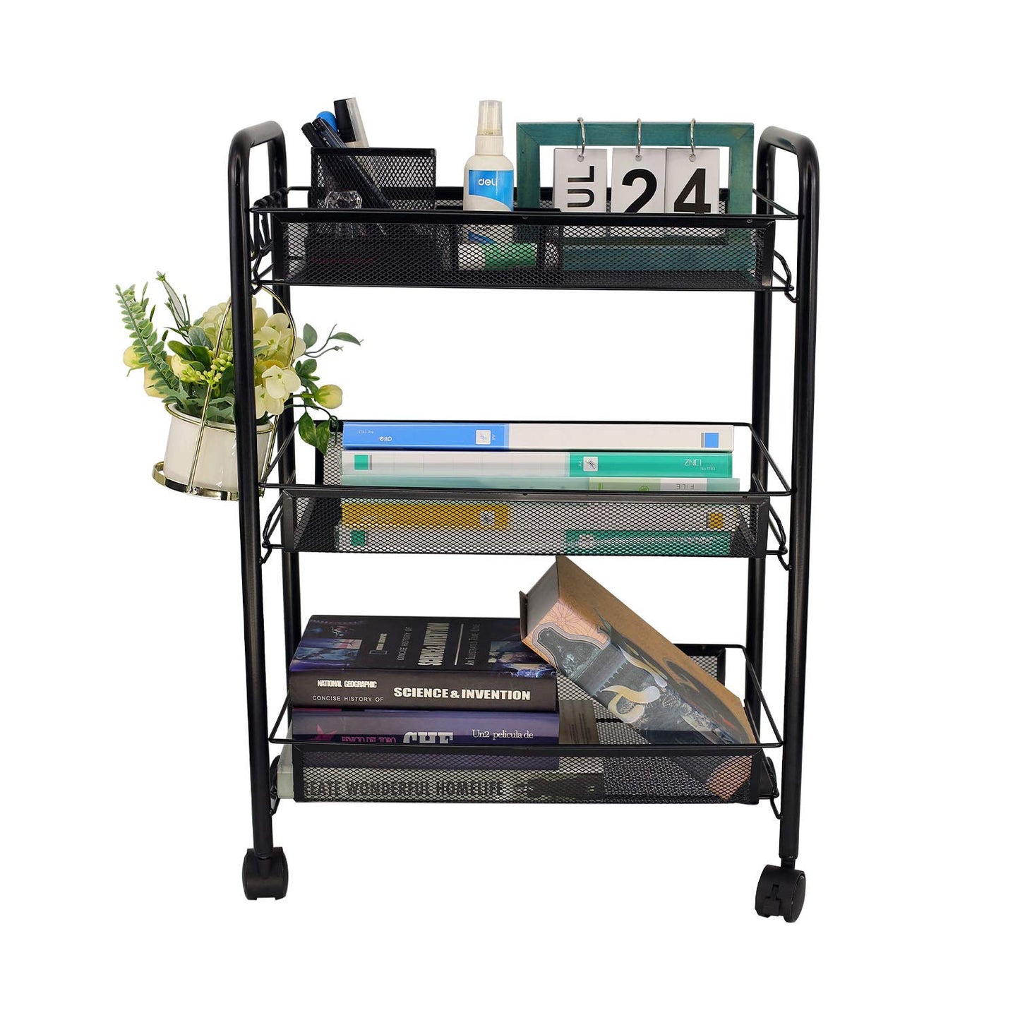 3-Tier Mesh Rolling Cart - 24.8" H Fits Under Desk Metal Cart with Wheel
