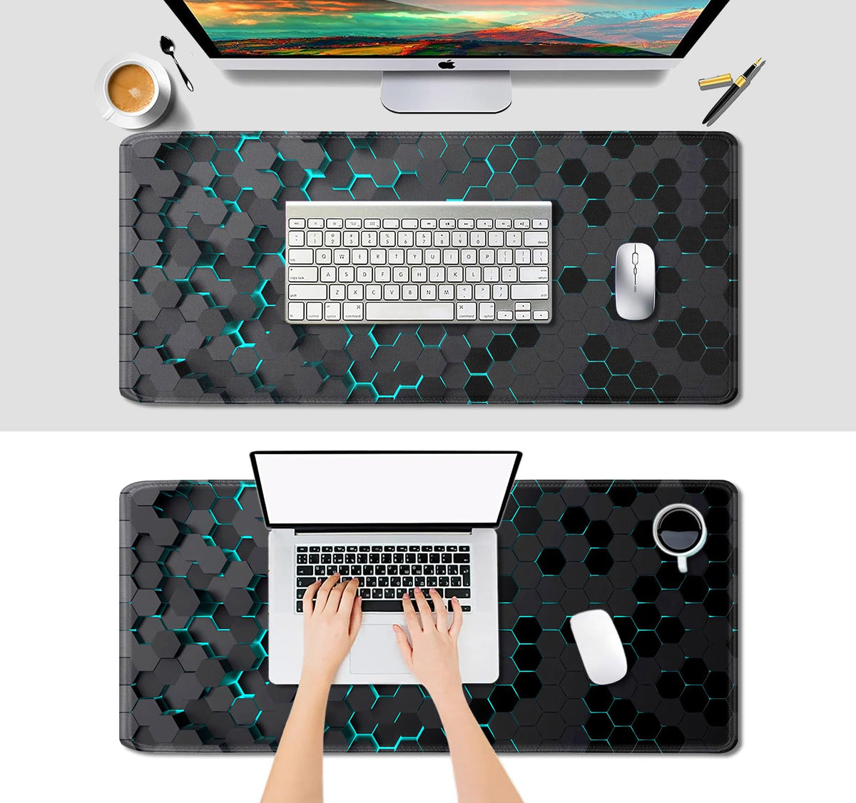 IMAYONDIA Black Blue Honeycomb Modern Gaming Large Mouse Pad XL(35.4x15.7 in), Geometric Shapes