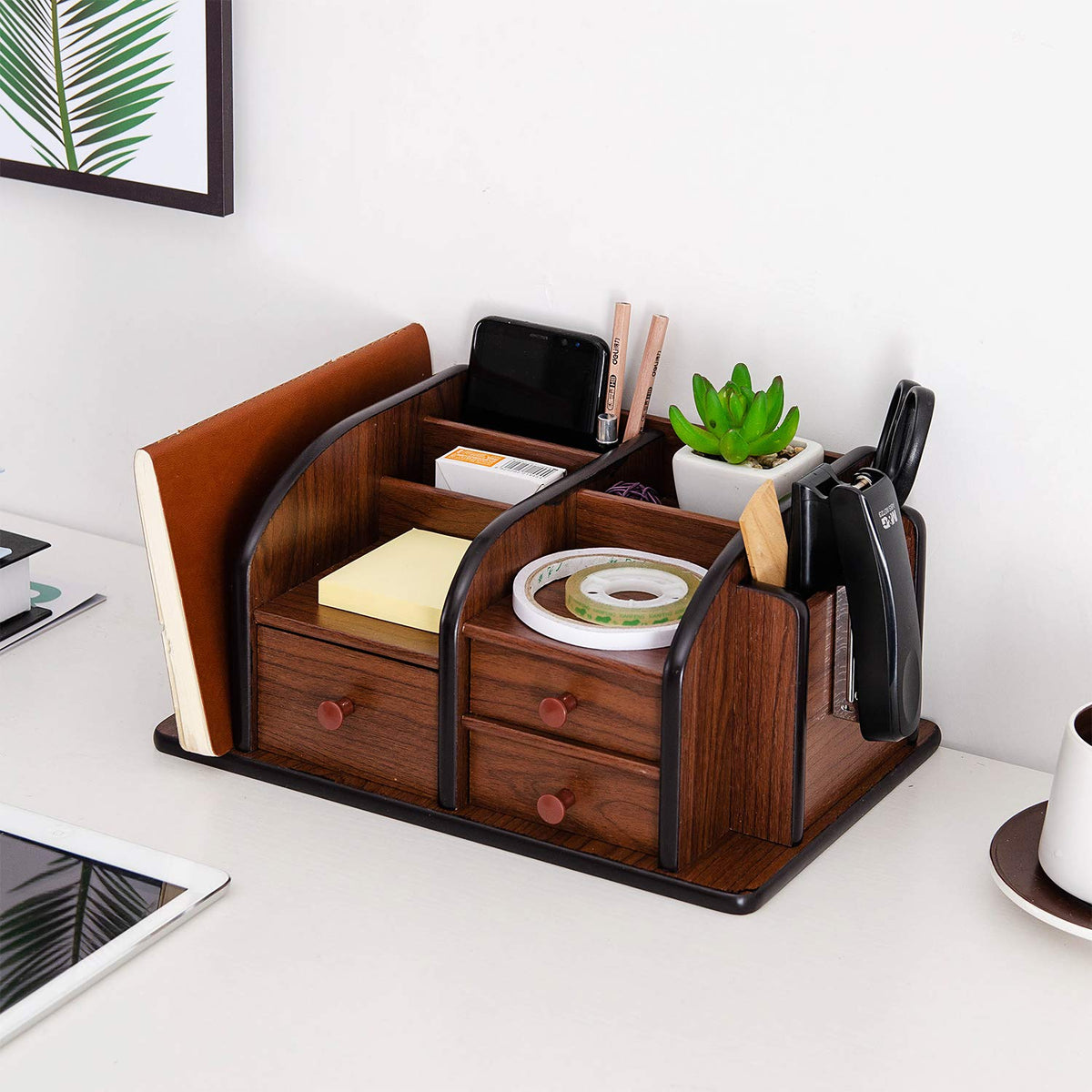 Liry Products Brown Wooden Desk Organizer Multiple Compartments 3 Drawers Slots 2 Shelves Racks