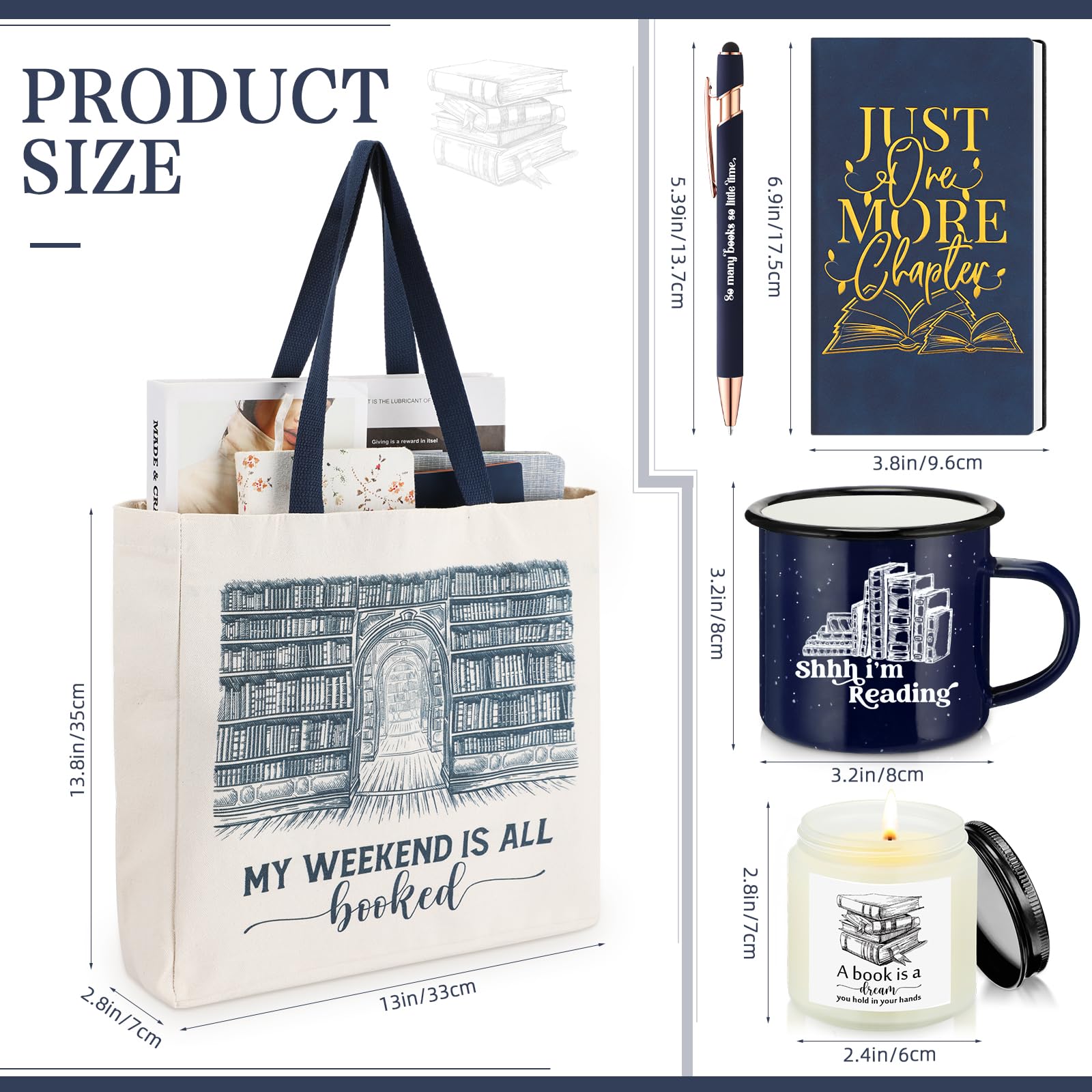 Jetec 5 Piece Book Lovers Set, Canvas Tote Bag Notebook, Candle, Blue