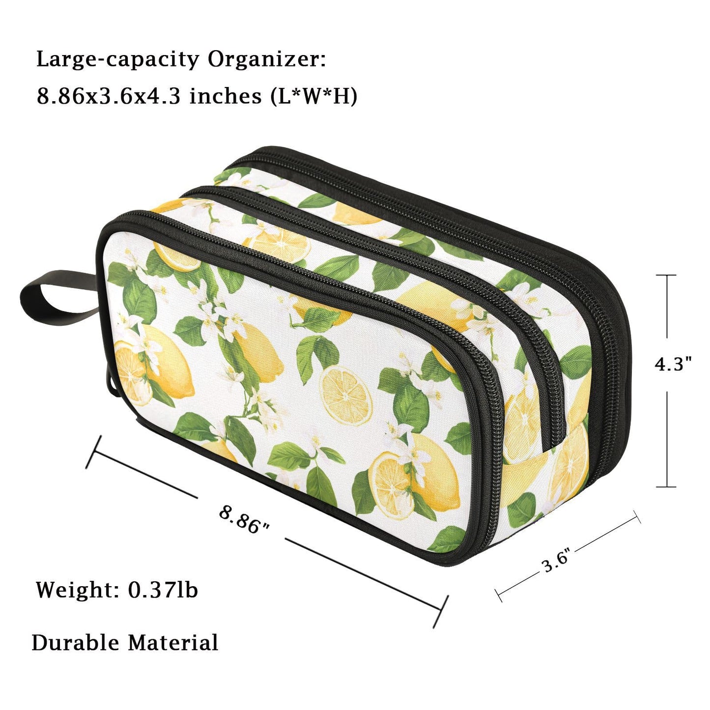 Fustylead Fresh Summer Lemons Leaves Floral Large Pencil Pen Case Stationery Bag, 3 Compartments