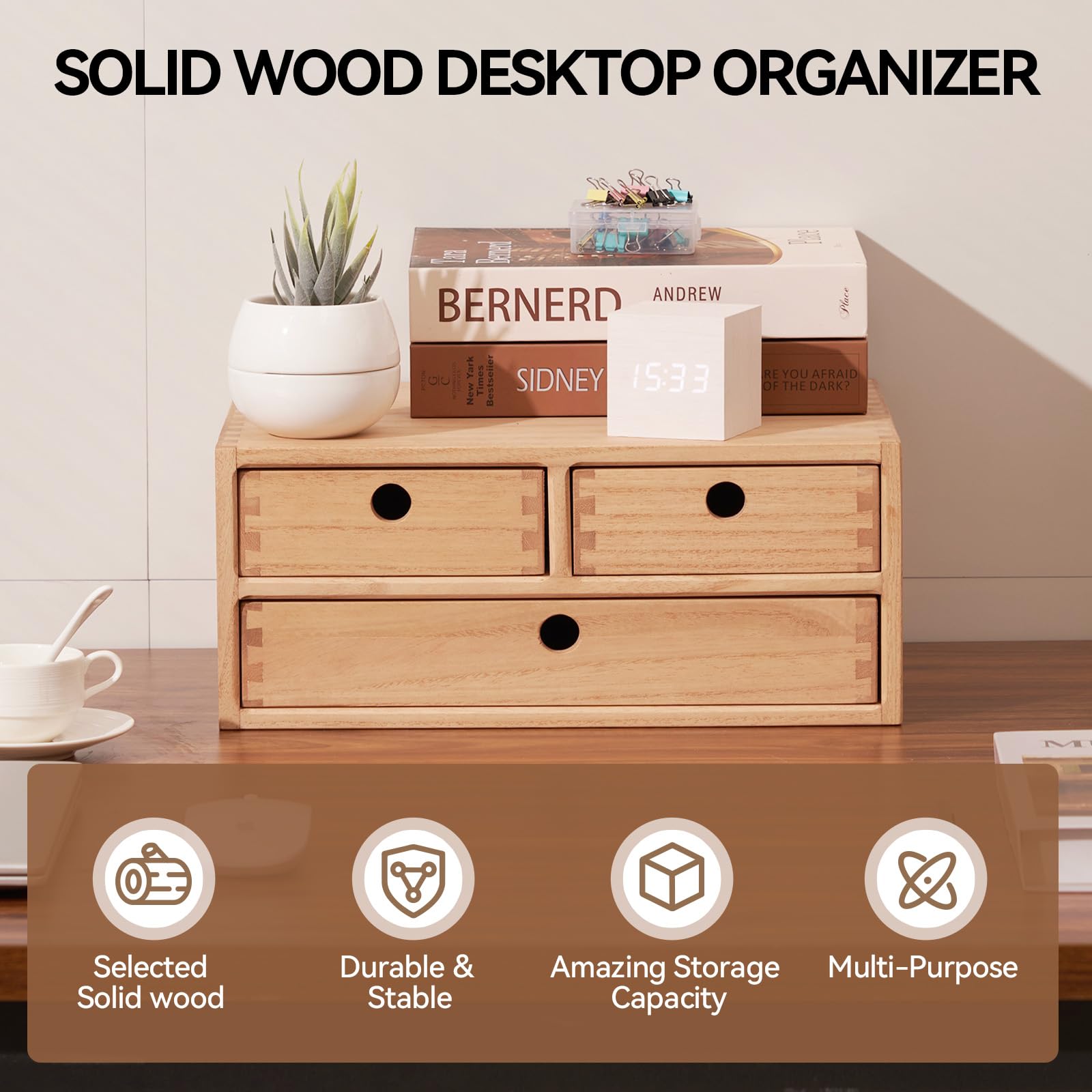 KIRIGEN Wood Desk Organizer with 3 Drawers, Desktop Storage, Natural 23-NA