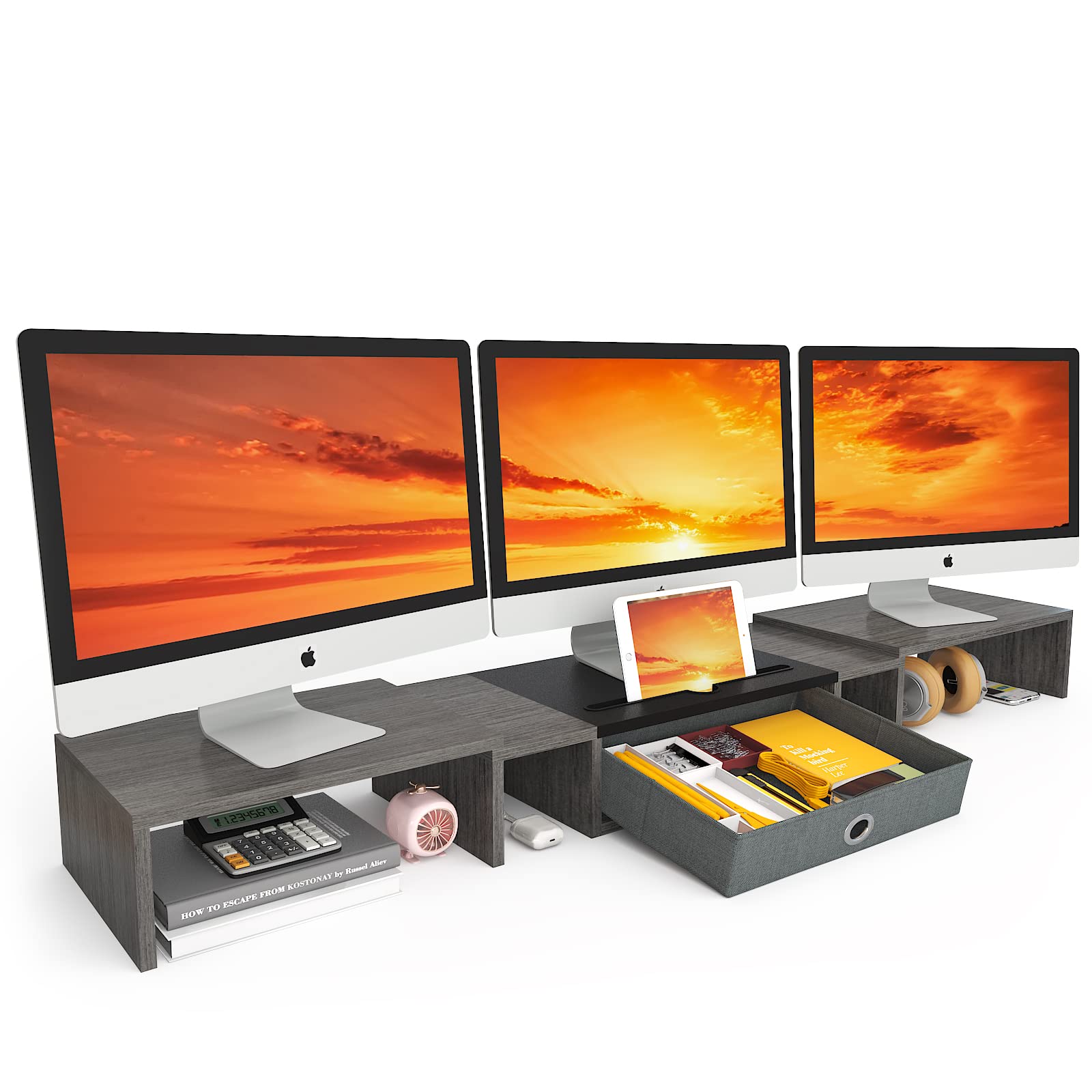 WESTREE Triple Dual Monitor Stand Riser with Drawer,Extra Large Adjustable for 2~3 Monitors,Solt