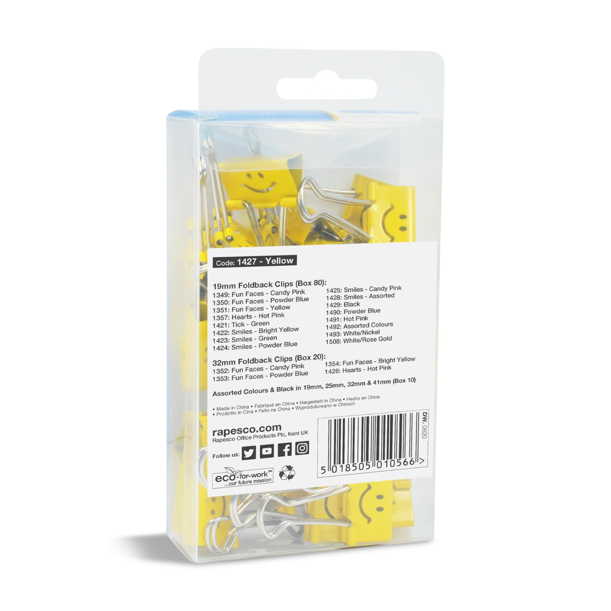 Rapesco 1427 25 mm Smiles Foldback Clips, Bright Yellow, Pack of 35
