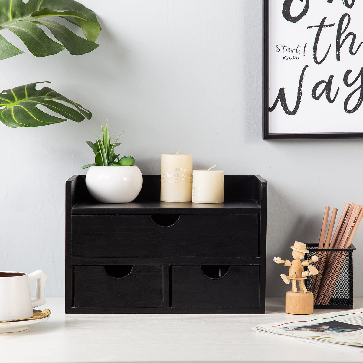 Rustic Distressed white 3-Tier Wood Desk Organizer with 3 Drawers Mini Storage Shelf For Desk