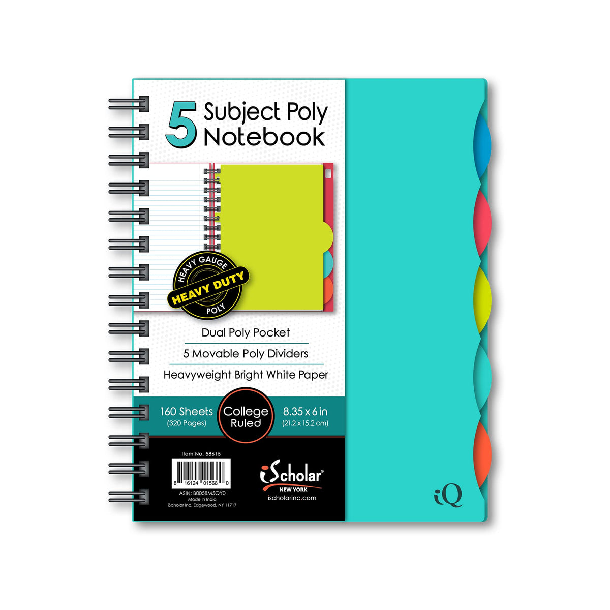 iScholar 5 Subject Poly Cover Double Wire Notebook, 8.35 x 6 Inches, Cover Color May Vary
