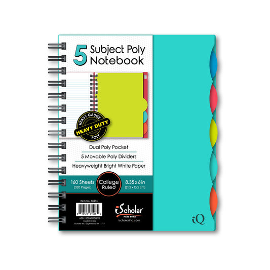 iScholar 5 Subject Poly Cover Double Wire Notebook, 8.35 x 6 Inches, Cover Color May Vary