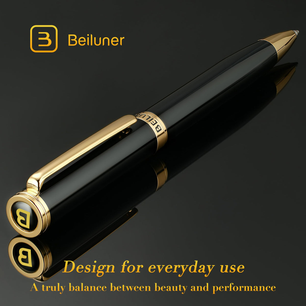 BEILUNER Luxury Gel Pen with 24K Gold Finish, Black Piano Lacquer, Luxury Grade Craftsmanship, Best