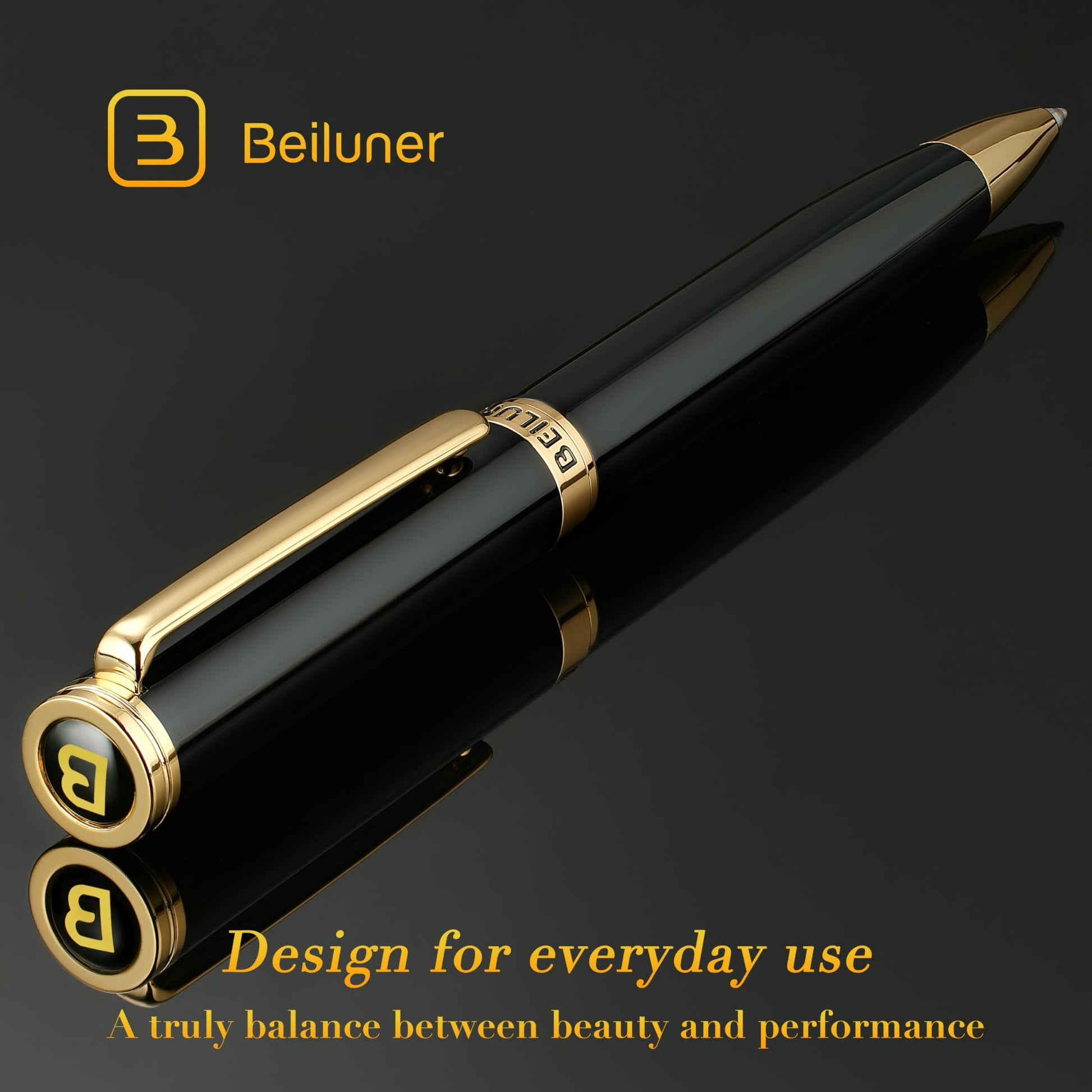 BEILUNER Luxury Gel Pen with 24K Gold Finish, Black Piano Lacquer, Luxury Grade Craftsmanship, Best