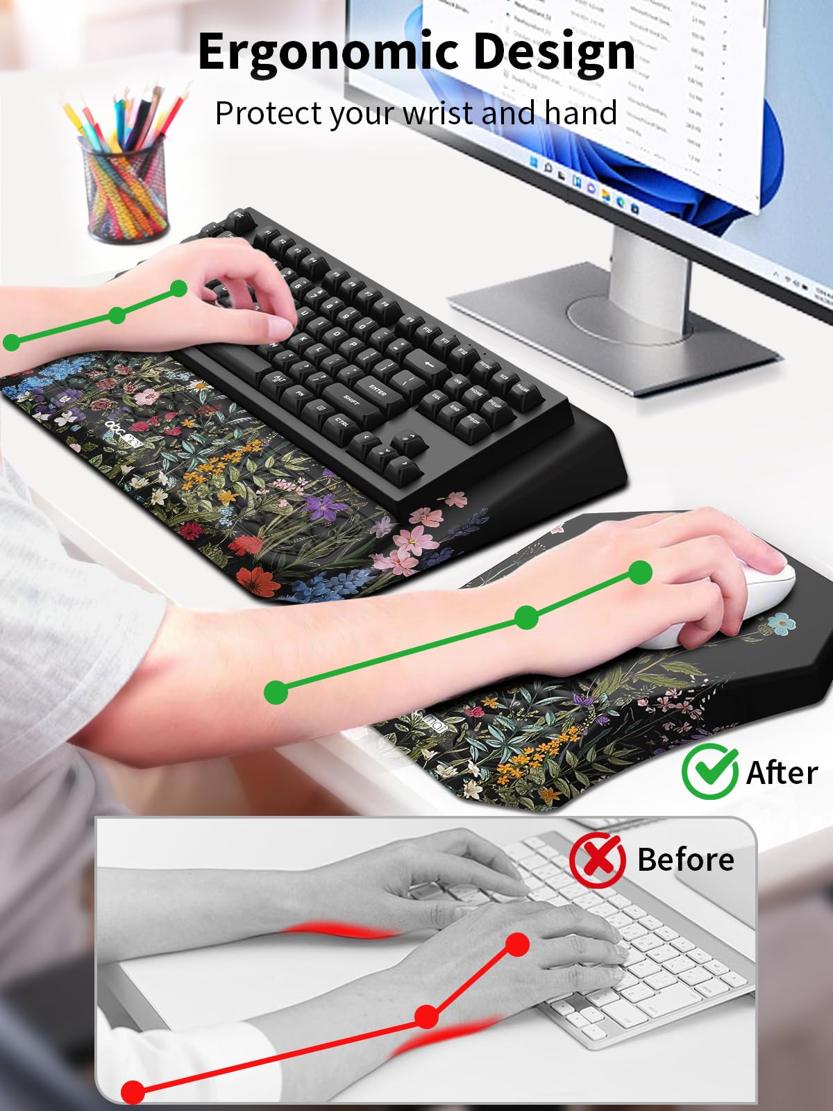 3-in-1 Ergonomic Keyboard Stand with Wrist Rest & Mouse Pad Set, Flower