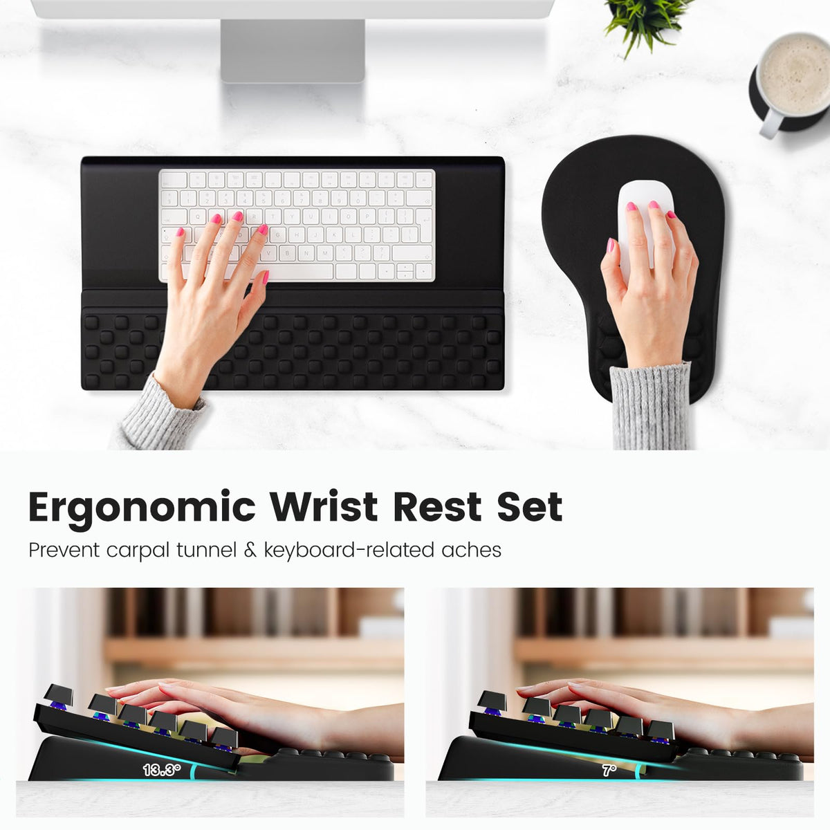 Ospelelf Ergonomic Mouse Pad and Keyboard Stand Wrist Rest Set, Memory Foam Comfort, Pain Relief