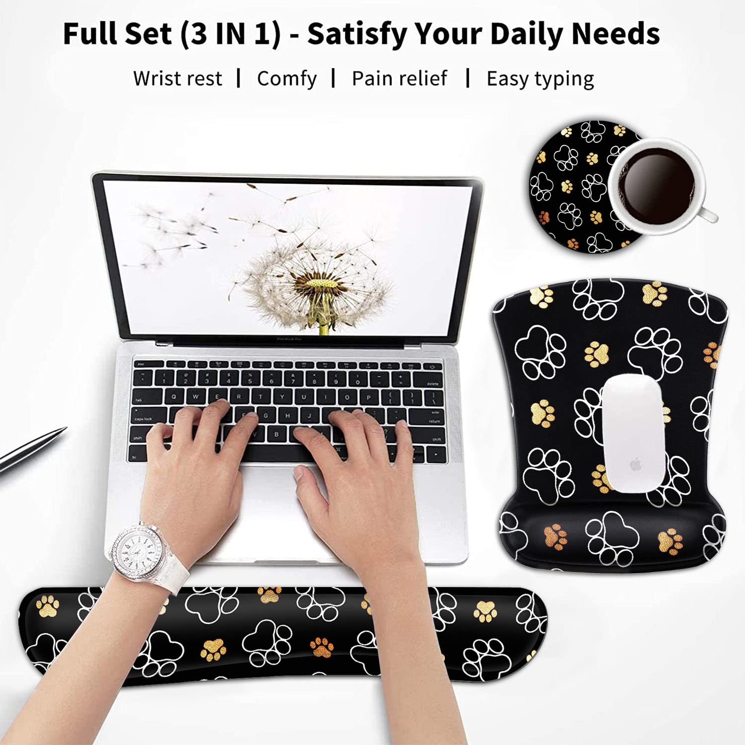 Keyboard Wrist Rest and Mouse Pad Wrist Support Set,Cute Dog Paw Prints Gold White Ergonomic Gel