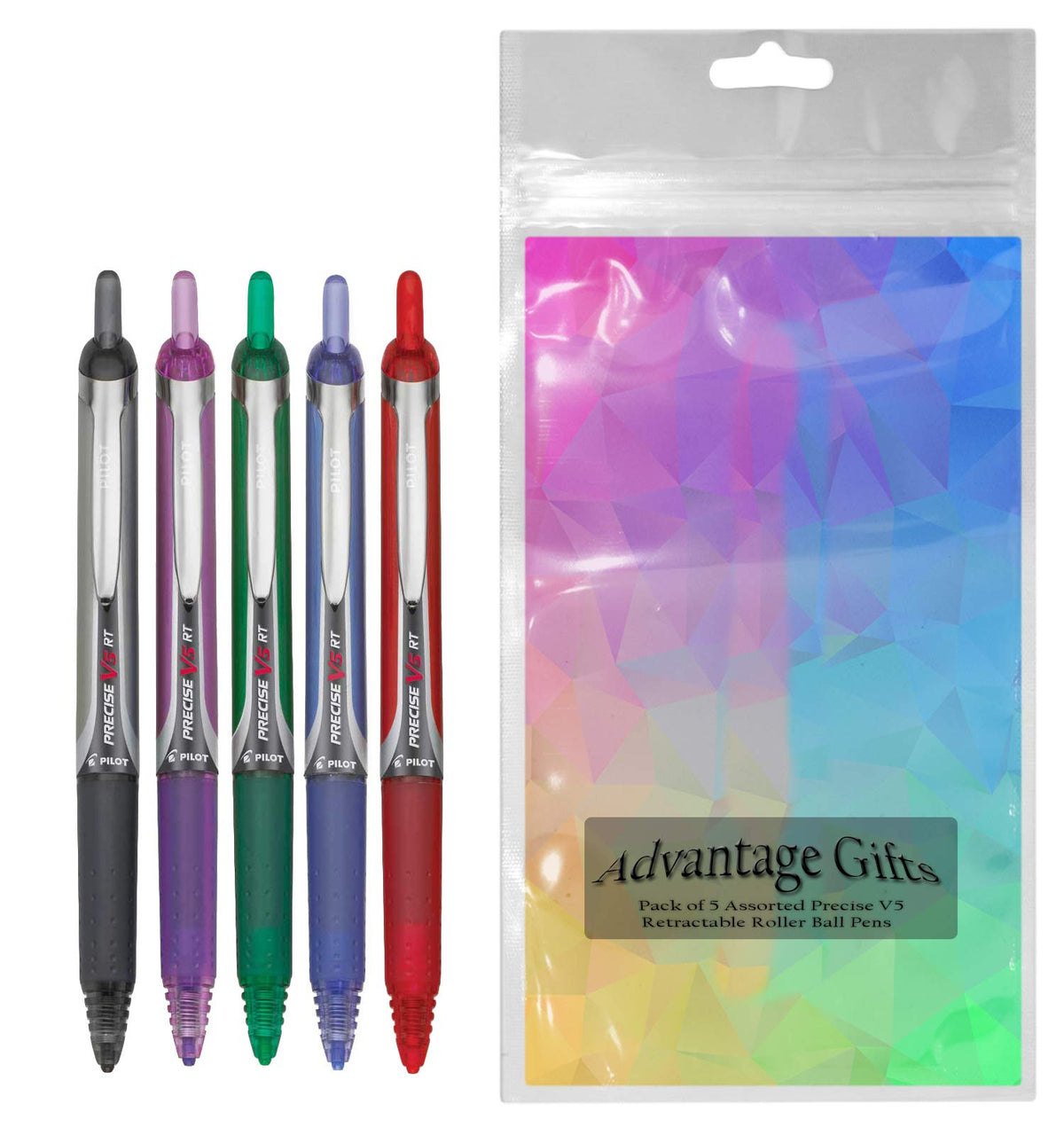 Precise V5 RT Retractable Rollerball Pens, 0.5mm, Multiple Colors, 5-Pack