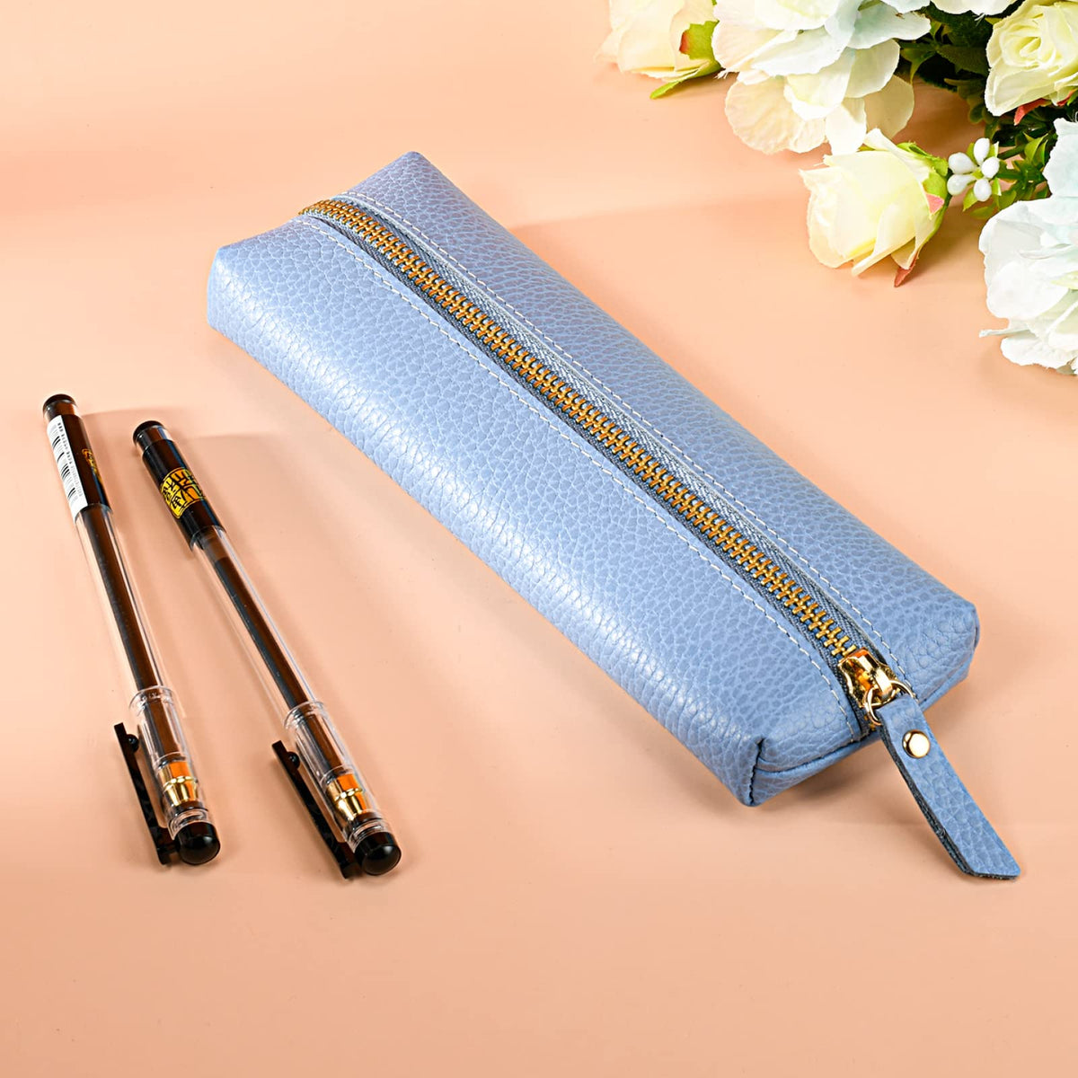Sluxa Bule pencil pouch, Small makeup bag, Pen organizer for women.