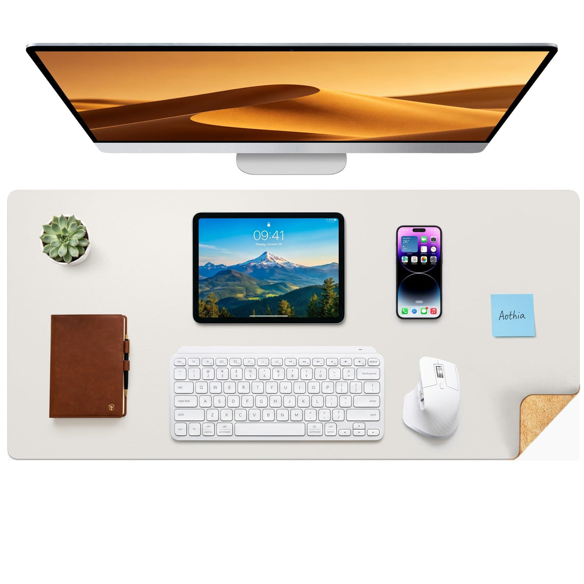 Aothia Dual-Sided Desk Pad - Leather Desk Mat, Natural Cork Desk Pad Protector, Large Mouse Pad for