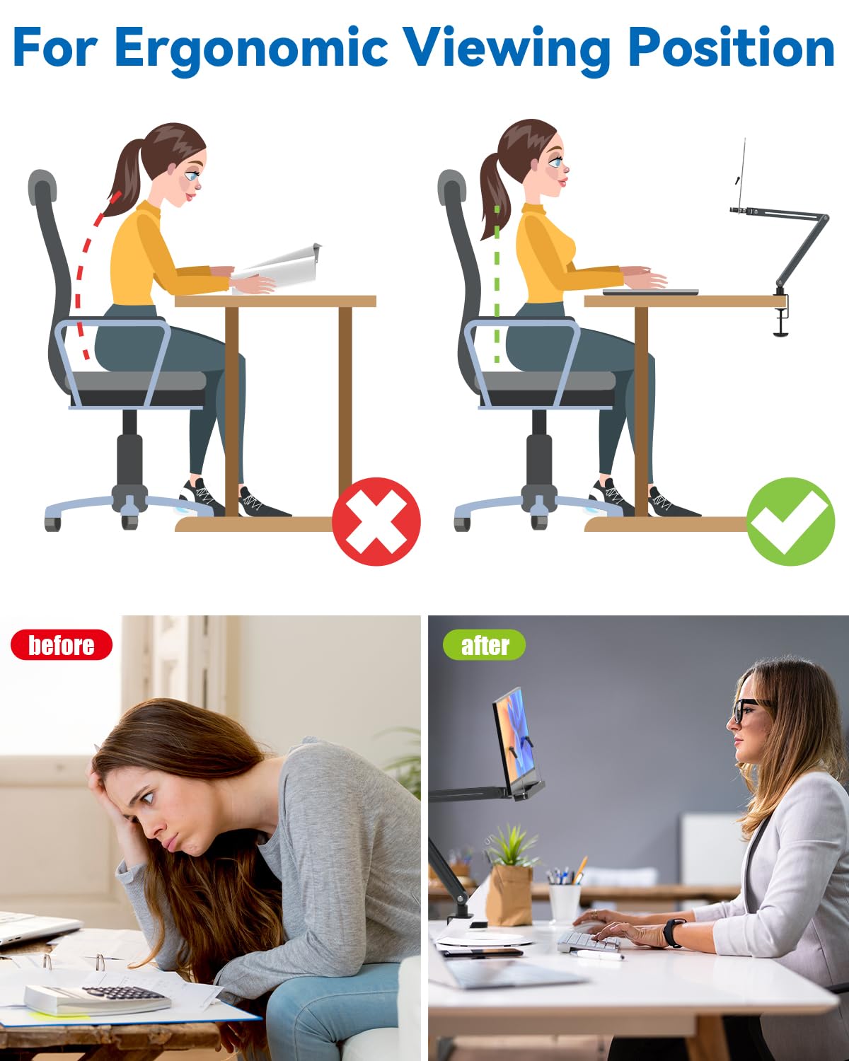 YCNEW Desk Clamp Acrylic Book Stand for Reading, Ergonomic Design Adjustable Height up to 20 inches