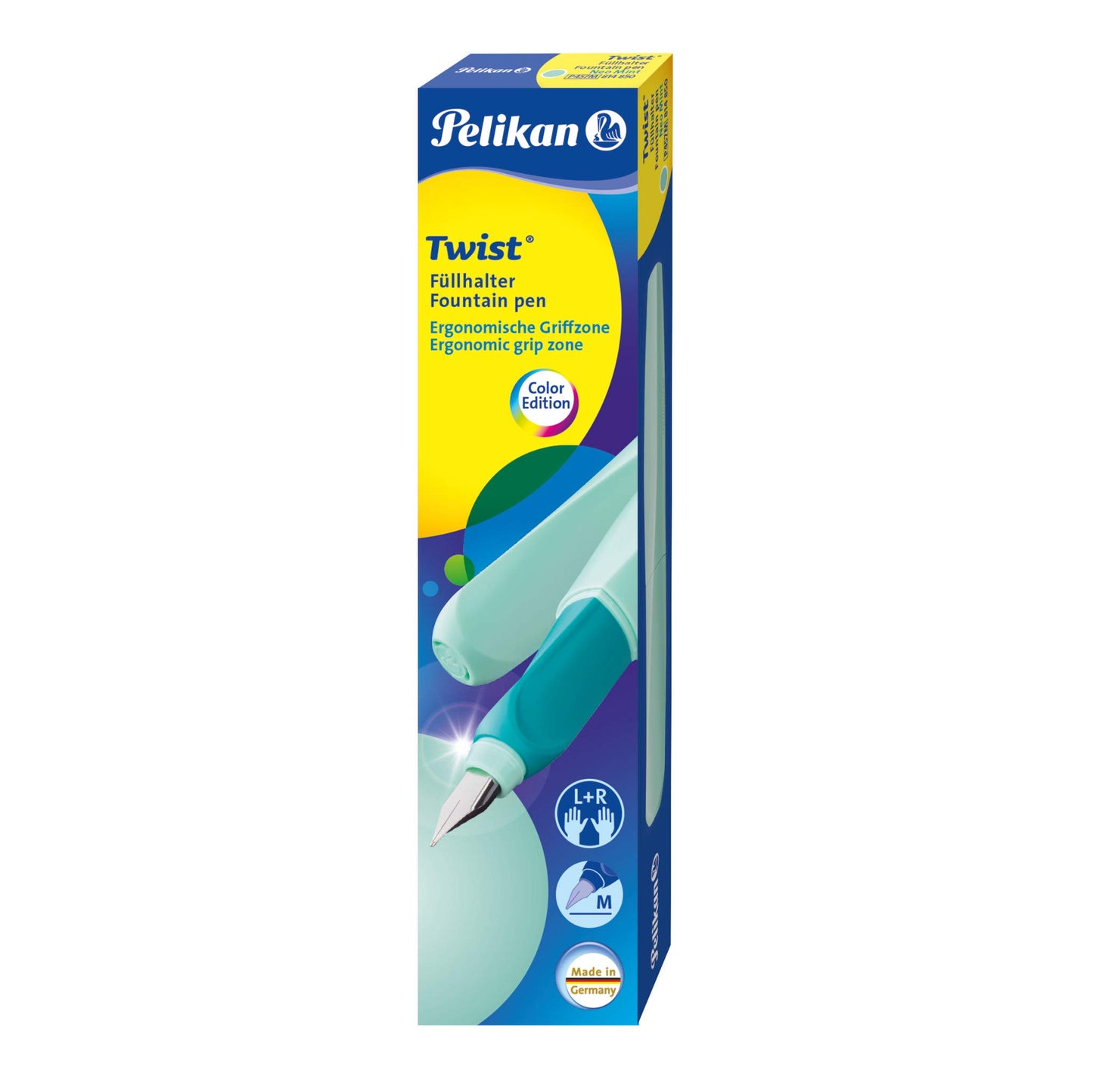 Pelikan Twist Fountain Pen with 1 Ink Cartridge, Medium Nib, Neon Mint, Boxed (814850)