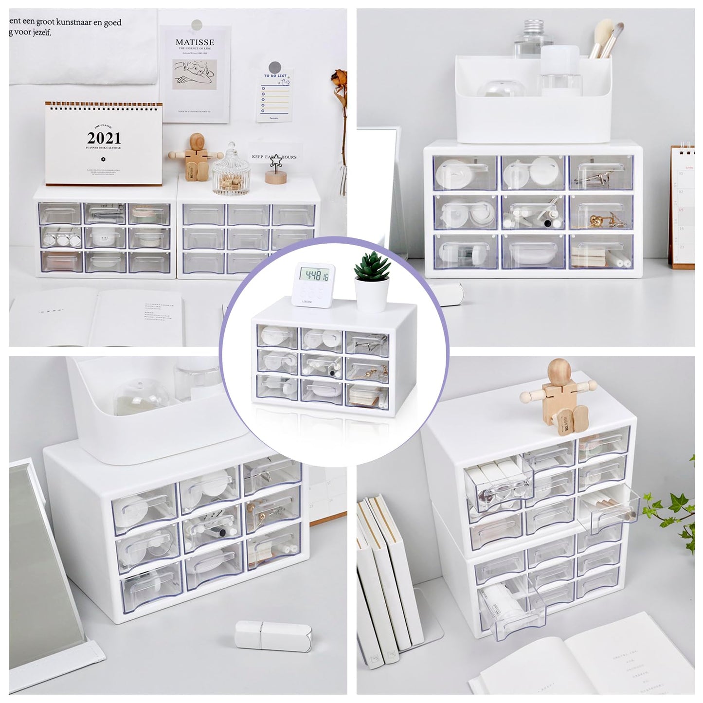 FODIENS Stackable Desk Organizer with 9 Drawers, Clear Storage Box, White