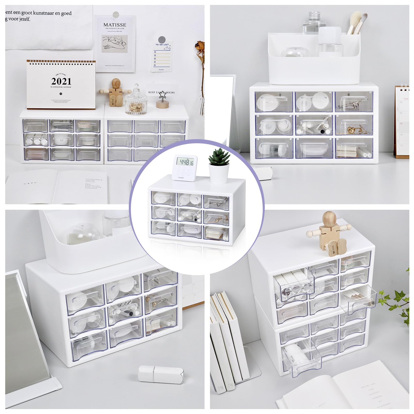 FODIENS Stackable Desk Organizer with 9 Drawers, Clear Storage Box, White