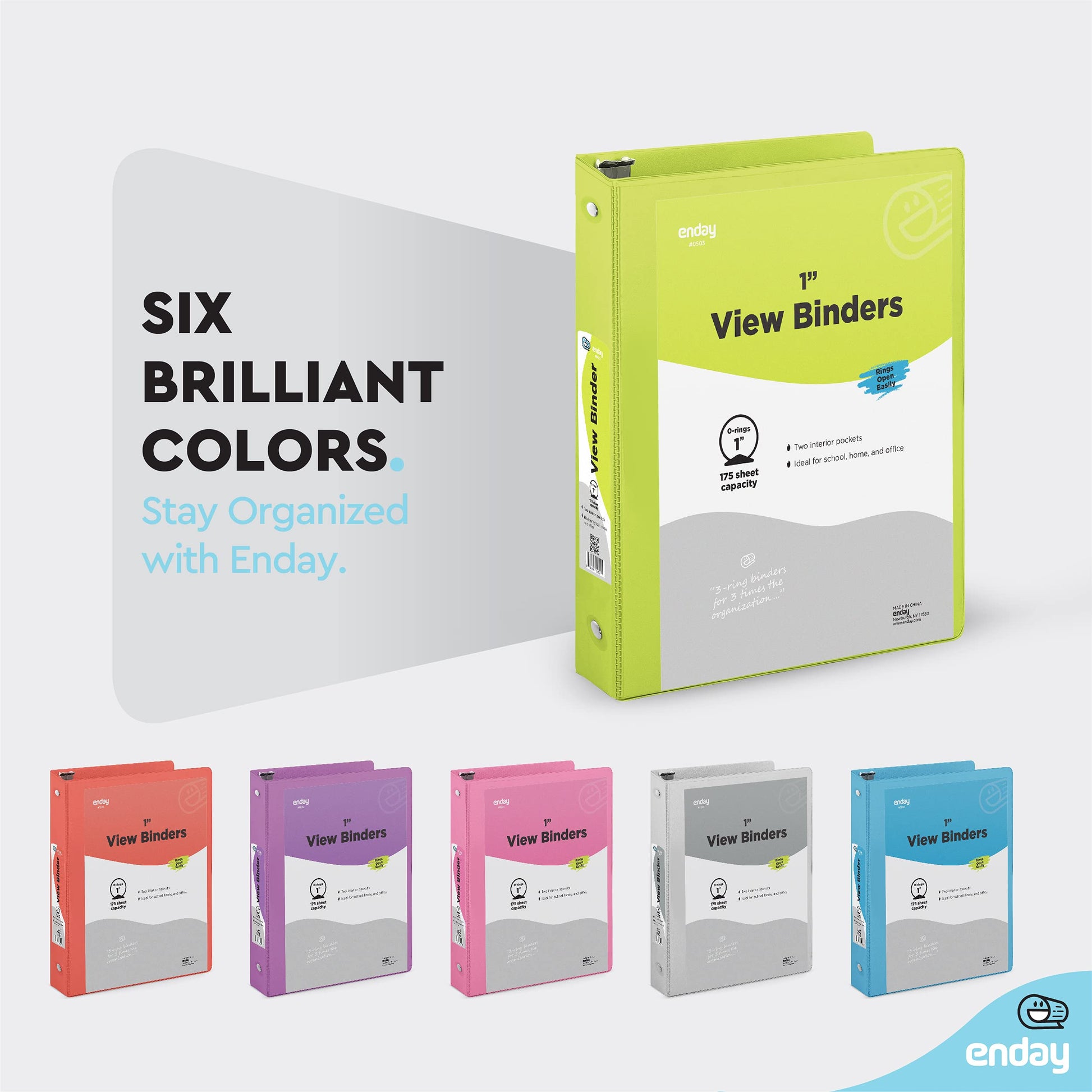 Enday 1 Inch Binder (6 Pack - Assorted Colors) 3 Ring Binder 1 inch with Clear View Cover and 2