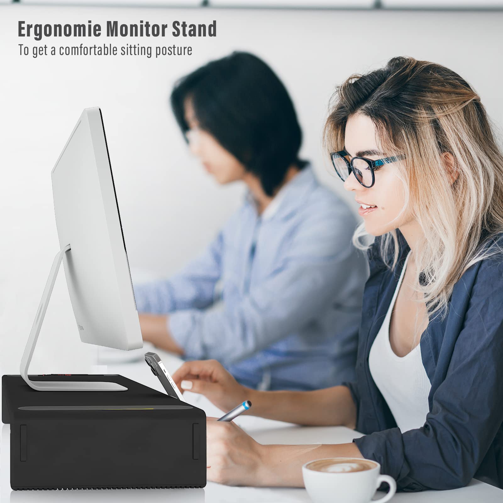 Adjustable Monitor Riser with Drawer & Phone Holder, Foldable Desk Stand