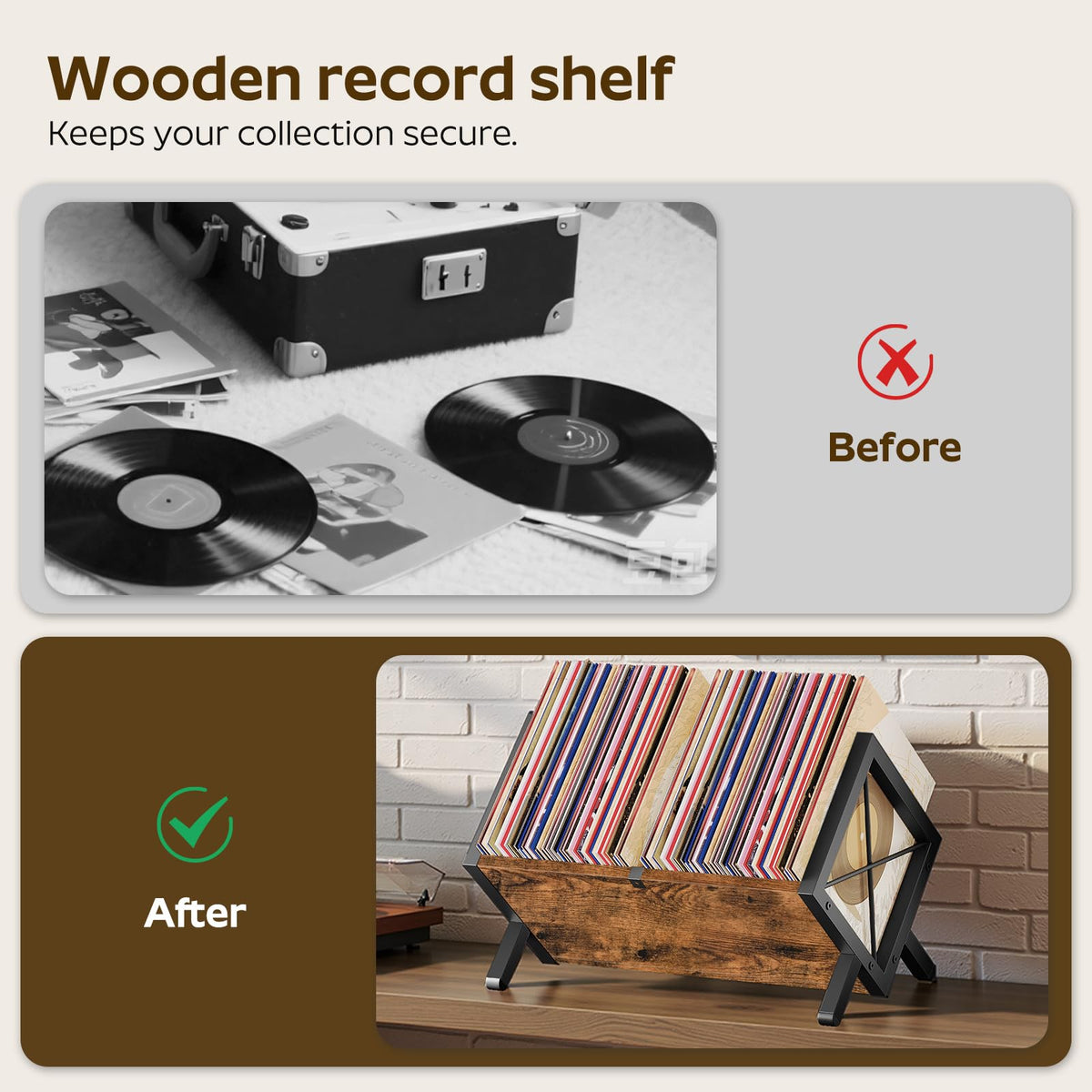 YATINEY Vinyl Record Holder, Record Storage Rack Holds 80-100 LP，Wooden and Metal Record Organizer