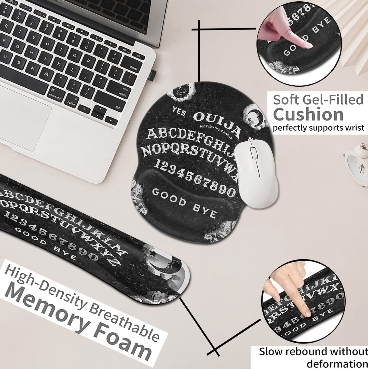 Black Mouse Pad with Stitched Edge, Non-Slip Rubber Base, Ouija Board Witch Pattern, MousePad with