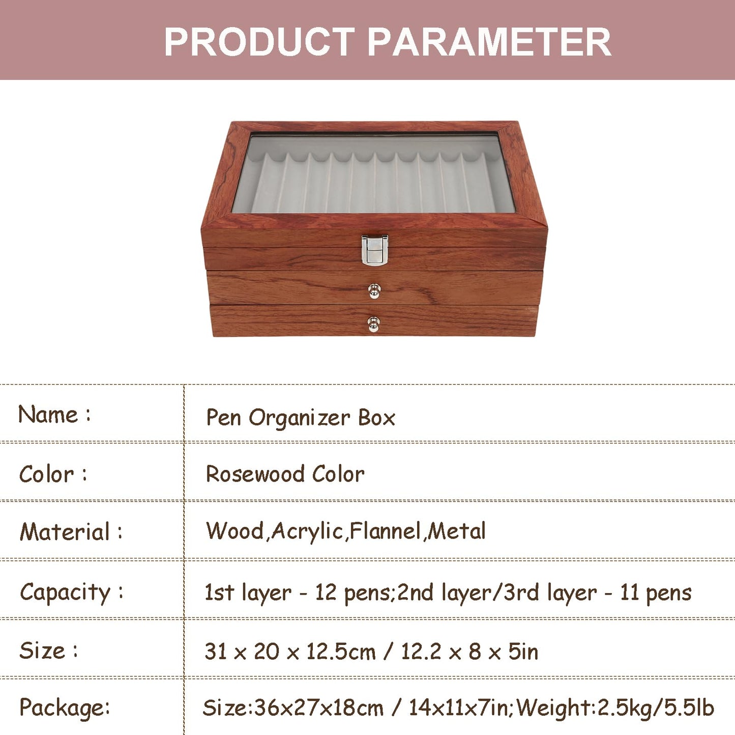 WUPYI 3 Layer Wood Pen Display Box 34 Pen Organizer Box,Pen Display Case Storage and Fountain Pen